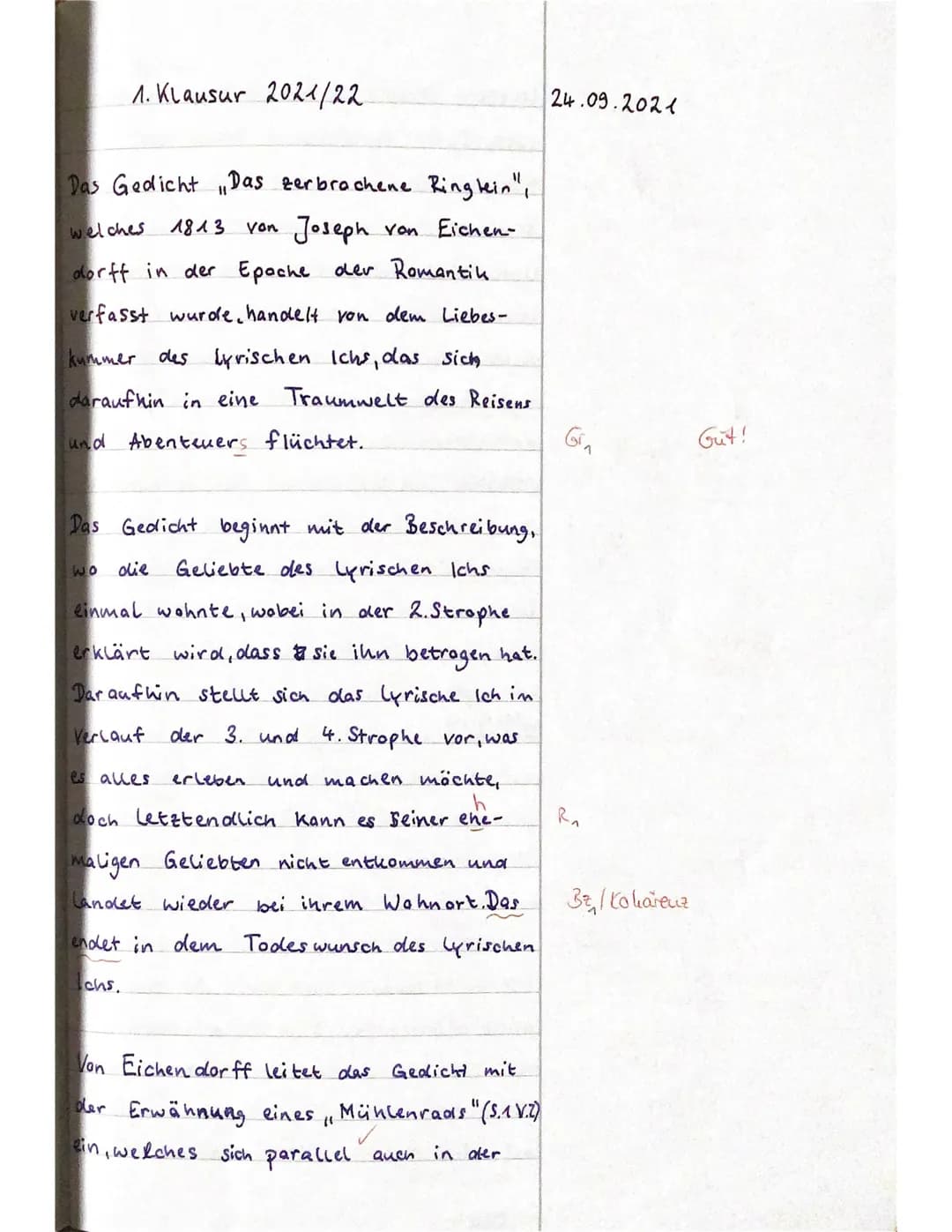 # Erwartungshorizont zur 1. Klausur: Joseph von Eichendorffs „Das zerbrochene Ringlein"
## Der Prüfling...
### ...beginnt seine Ausführung