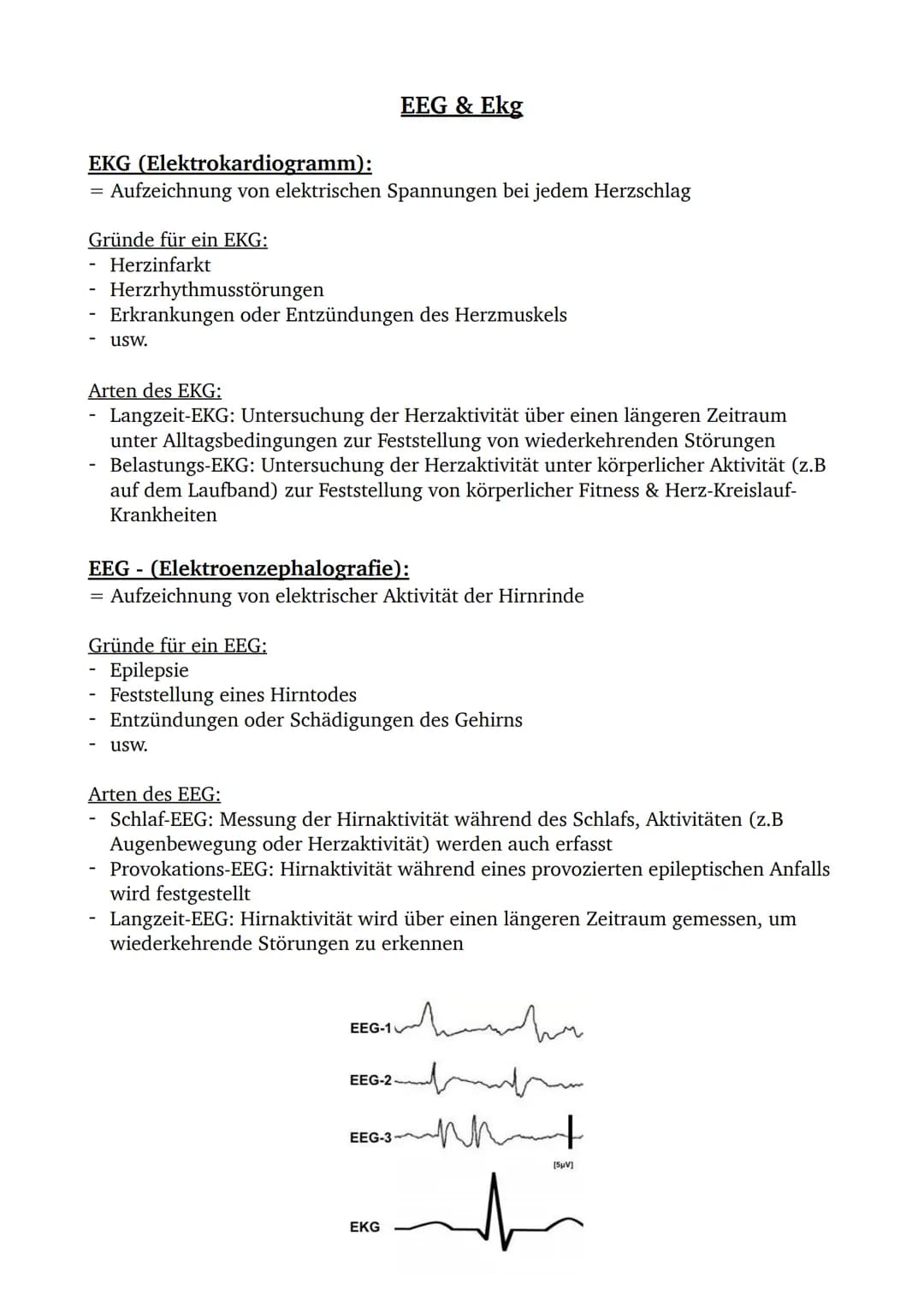 # EEG & Ekg
## EKG (Elektrokardiogramm):
= Aufzeichnung von elektrischen Spannungen bei jedem Herzschlag
### Gründe für ein EKG:
- Herzinf