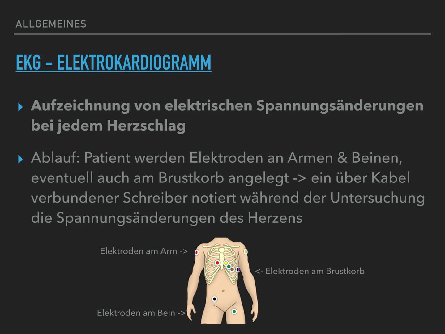 # EEG & Ekg
## EKG (Elektrokardiogramm):
= Aufzeichnung von elektrischen Spannungen bei jedem Herzschlag
### Gründe für ein EKG:
- Herzinf