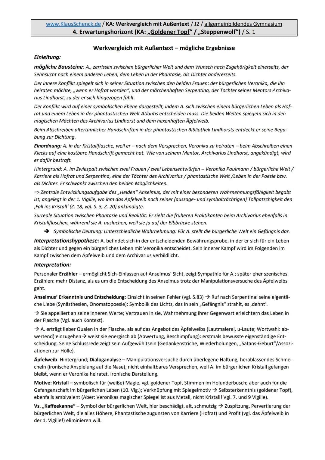 www.KlausSchenck.de / KA: Werkvergleich mit Außentext / J2 / allgemeinbildendes Gymnasium
3. Aufgabenstellung (,,Goldener Topf" / „Steppenwo