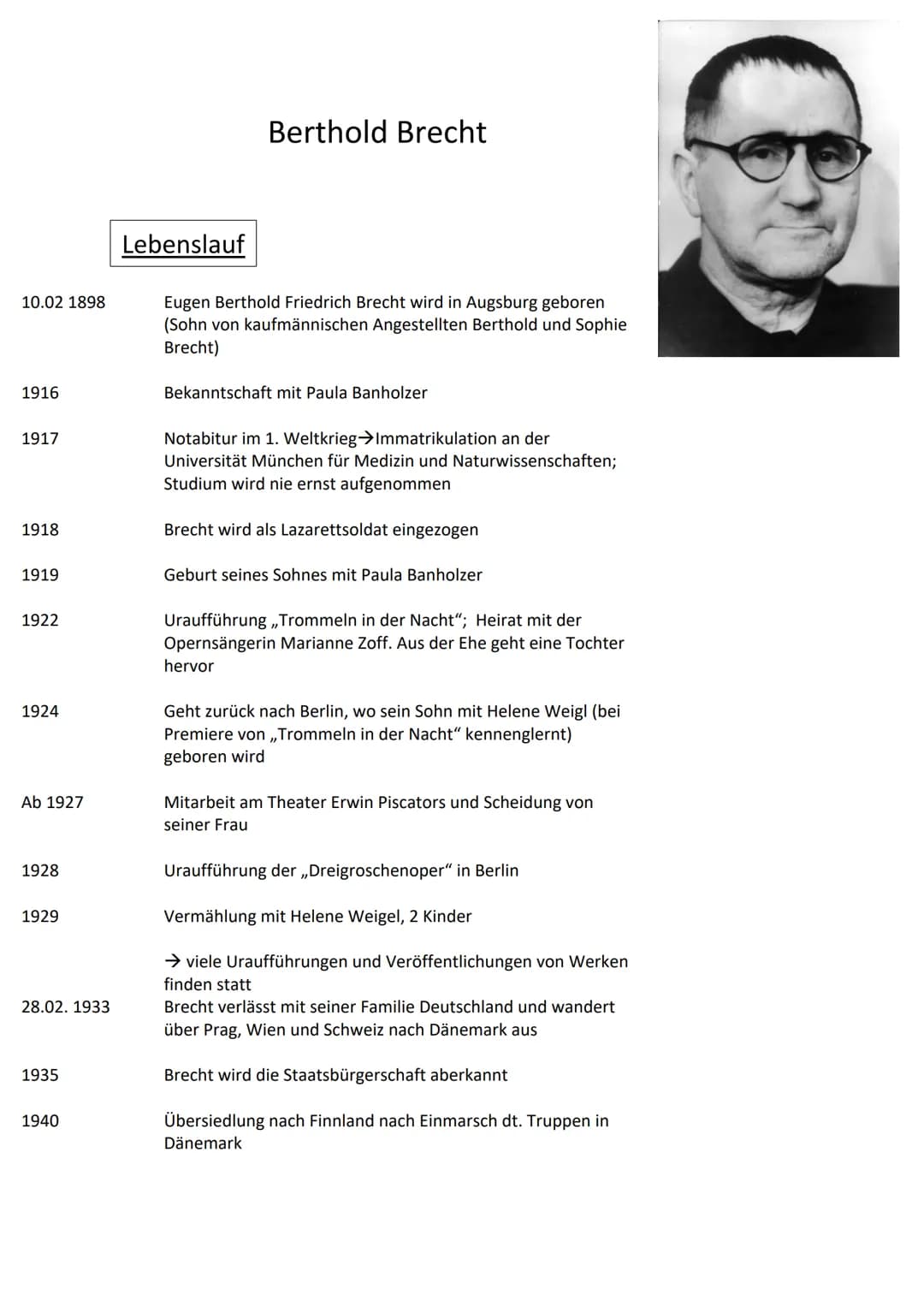 # Berthold Brecht
## Lebenslauf
- 10.02 1898 Eugen Berthold Friedrich Brecht wird in Augsburg geboren (Sohn von kaufmännischen Angestellte