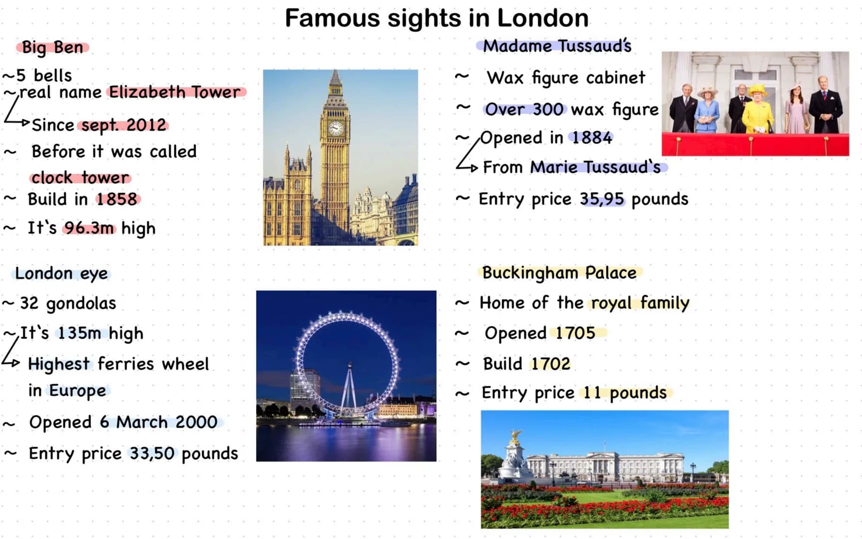 # Famous sights in London
## Big Ben
- ~5 bells
- ~real name Elizabeth Tower
- ~Since sept. 2012
- ~ Before it was called
clock tower
- ~ B