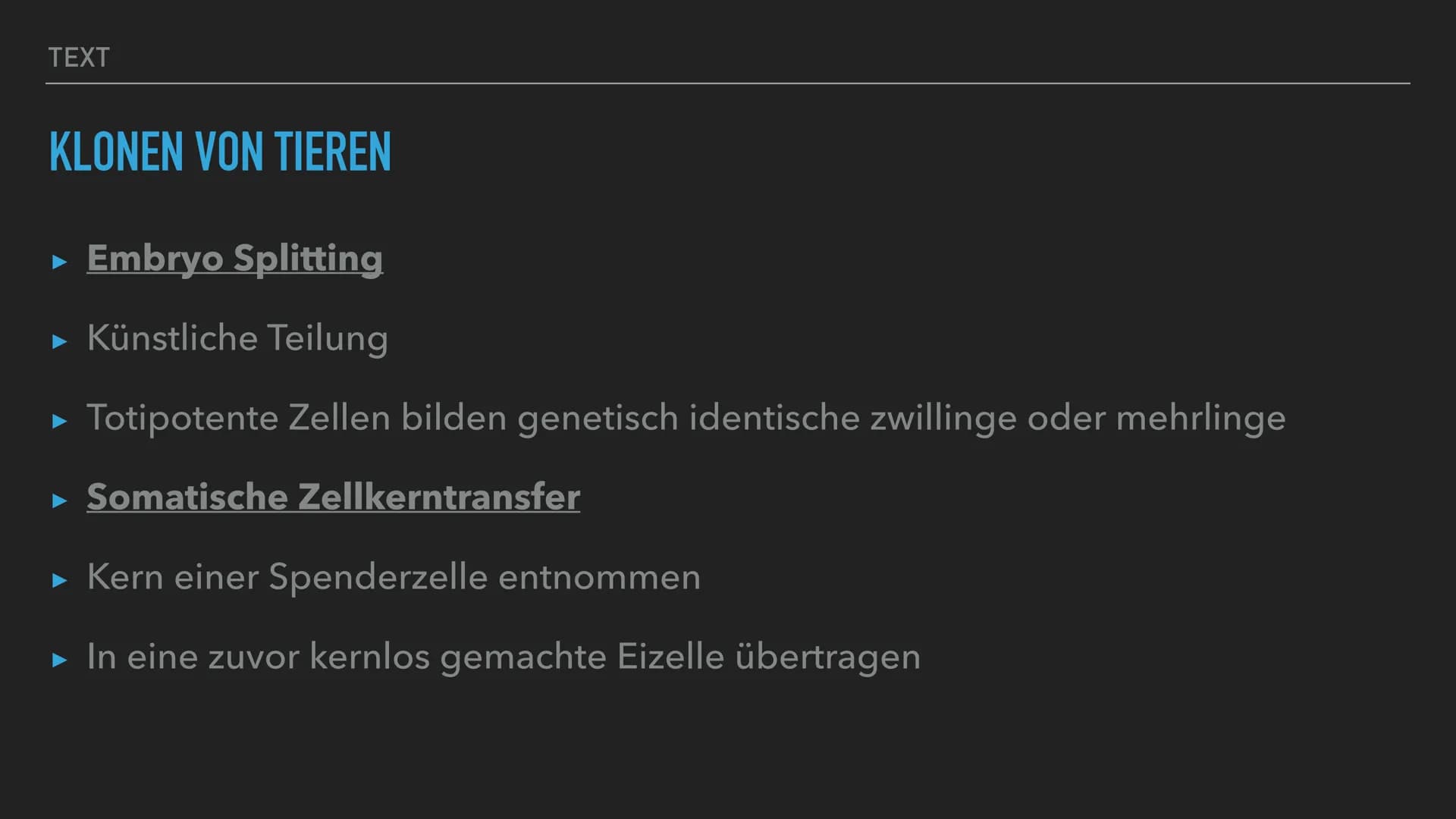 VON EMELIE
KLONEN # TEXT
# INHALTSVERZEICHNIS
- Definition
- Geschichte
- Klonen in der Natur
- Reproduktives Klonen
- Klonen von Tieren
-