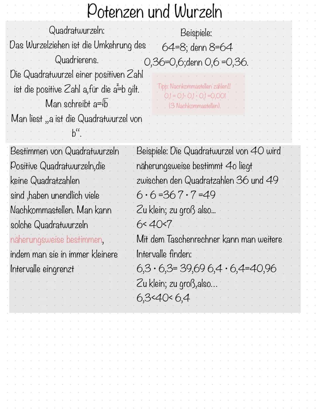 # Potenzen und Wurzeln
## Quadratwurzeln:
Das Wurzelziehen ist die Umkehrung des
Quadrierens.
Die Quadratwurzel einer positiven Zahl
ist di