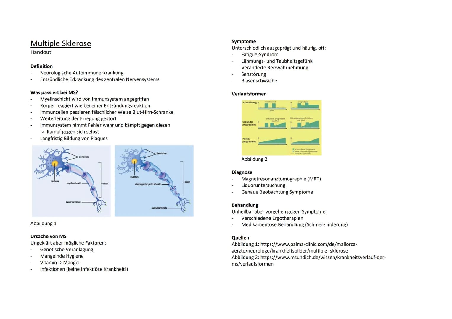 # Multiple Sklerose
Handout
## Definition
- Neurologische Autoimmunerkrankung
- Entzündliche Erkrankung des zentralen Nervensystems
## Was