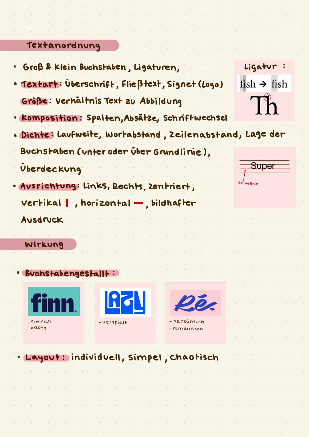 # Textanordnung
* Groß & klein Buchstaben, Ligaturen,
* Textart: Überschrift, Fließtext, Signet (Logo)
Größe: Verhältnis Text zu Abb