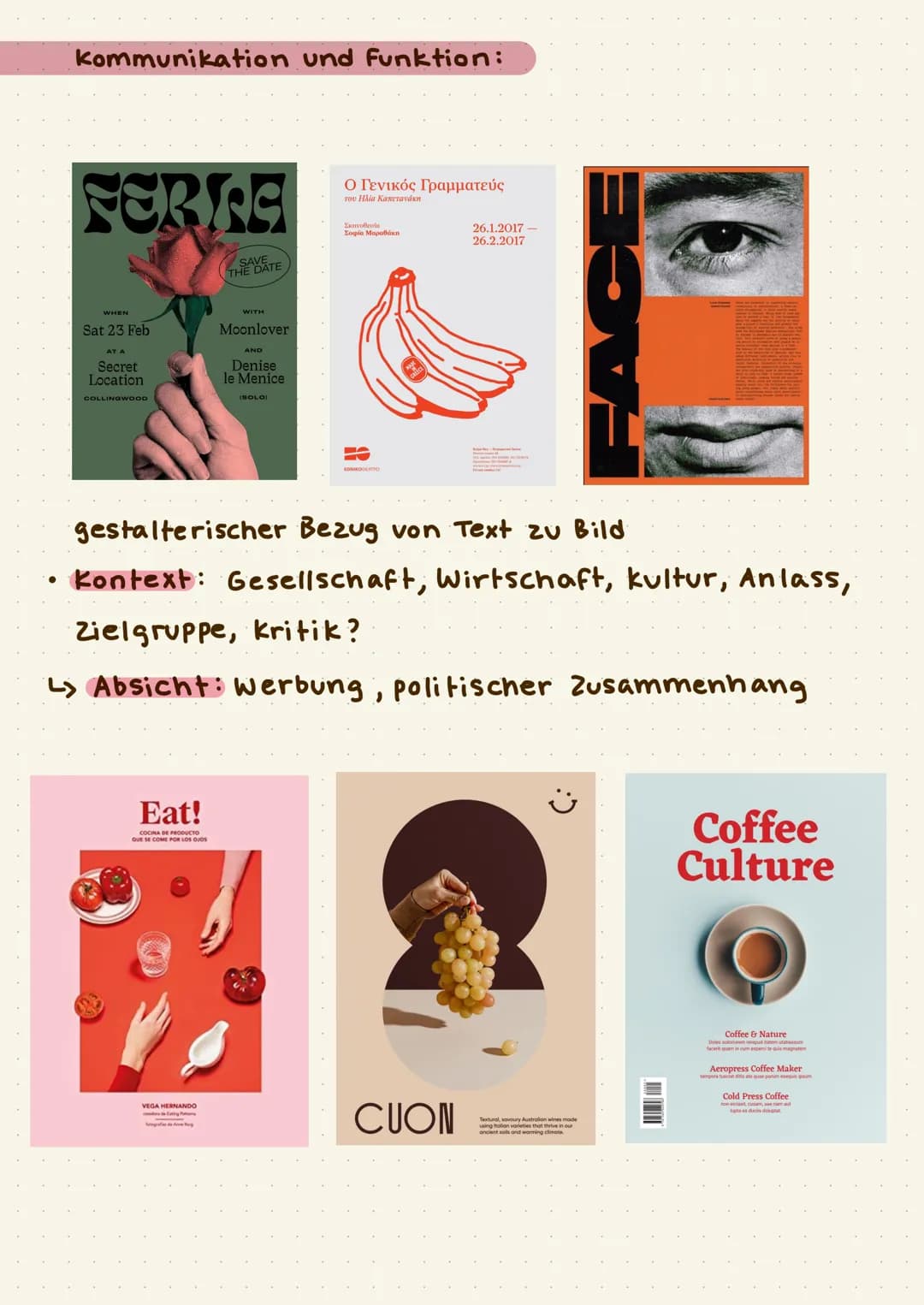 # Textanordnung
* Groß & klein Buchstaben, Ligaturen,
* Textart: Überschrift, Fließtext, Signet (Logo)
Größe: Verhältnis Text zu Abb