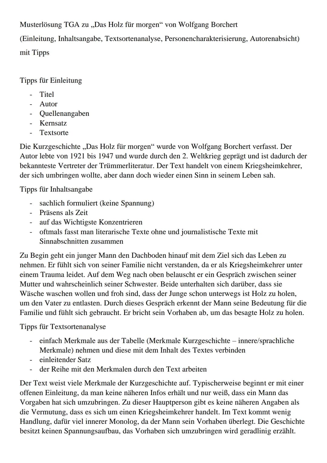 # Musterlösung TGA zu „Das Holz für morgen" von Wolfgang Borchert
(Einleitung, Inhaltsangabe, Textsortenanalyse, Personencharakterisierung,