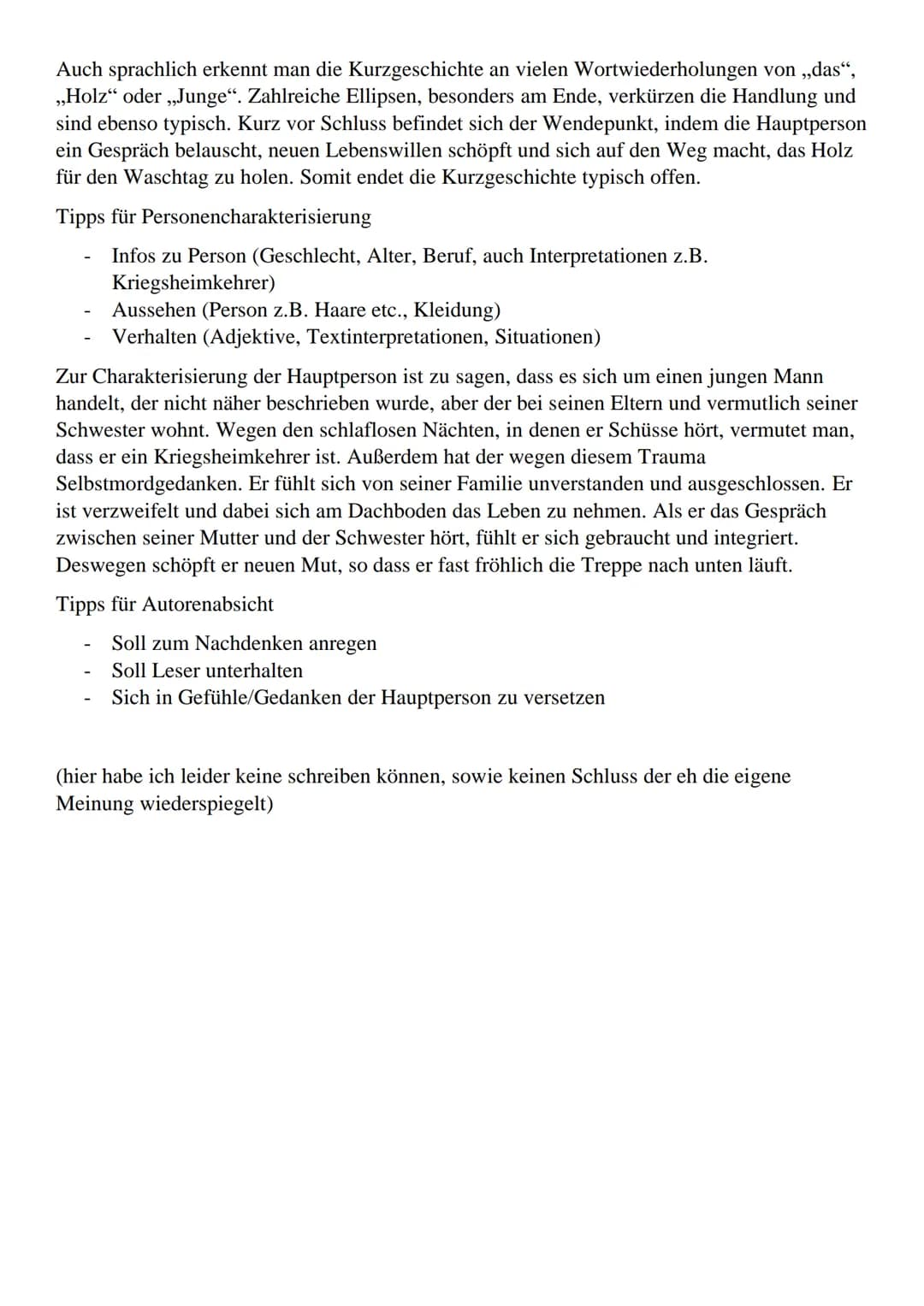 # Musterlösung TGA zu „Das Holz für morgen" von Wolfgang Borchert
(Einleitung, Inhaltsangabe, Textsortenanalyse, Personencharakterisierung,