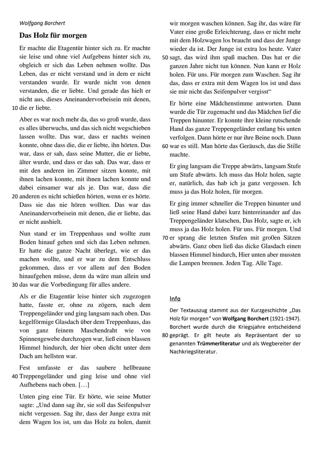 # Musterlösung TGA zu „Das Holz für morgen" von Wolfgang Borchert
(Einleitung, Inhaltsangabe, Textsortenanalyse, Personencharakterisierung,