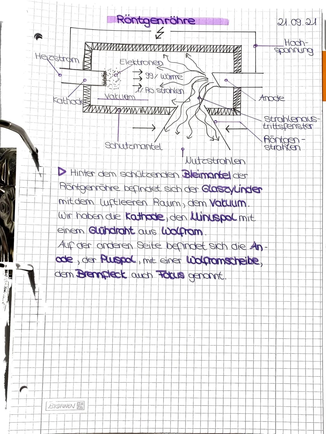 ## Entstehen der Röntgenstrahlen:
21.09.21
* An die Kathode wird eine sehr höhe
Spannung angelegt, dann beginnt der Glühdraht
zu