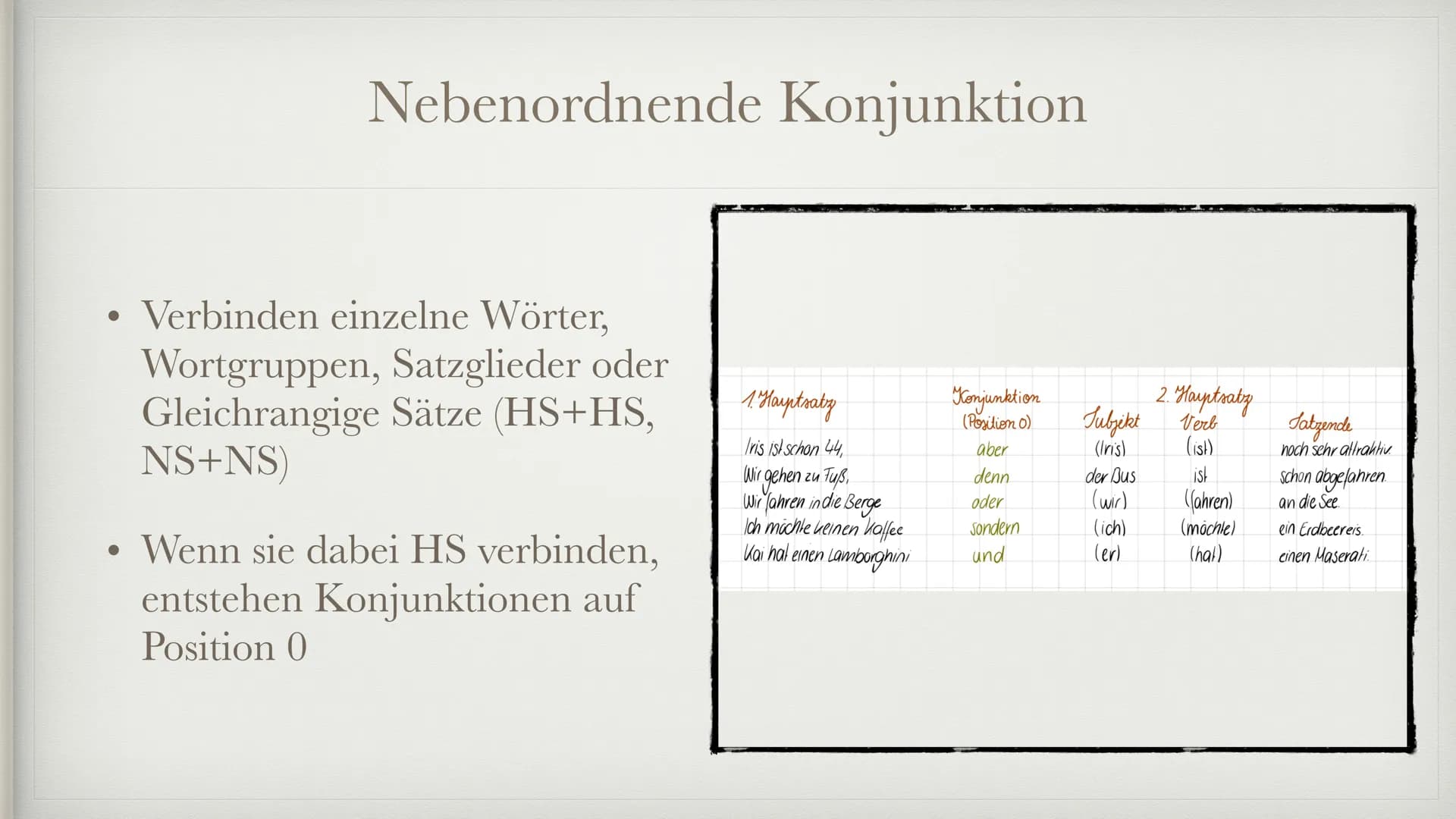 Konjunktionen
Deutsch - Grammatik # Inhalt
* Allgemeine Definition: Konjunktionen
* Nebenordnende Konjunktion
* Unterordnende Konjunktion
*