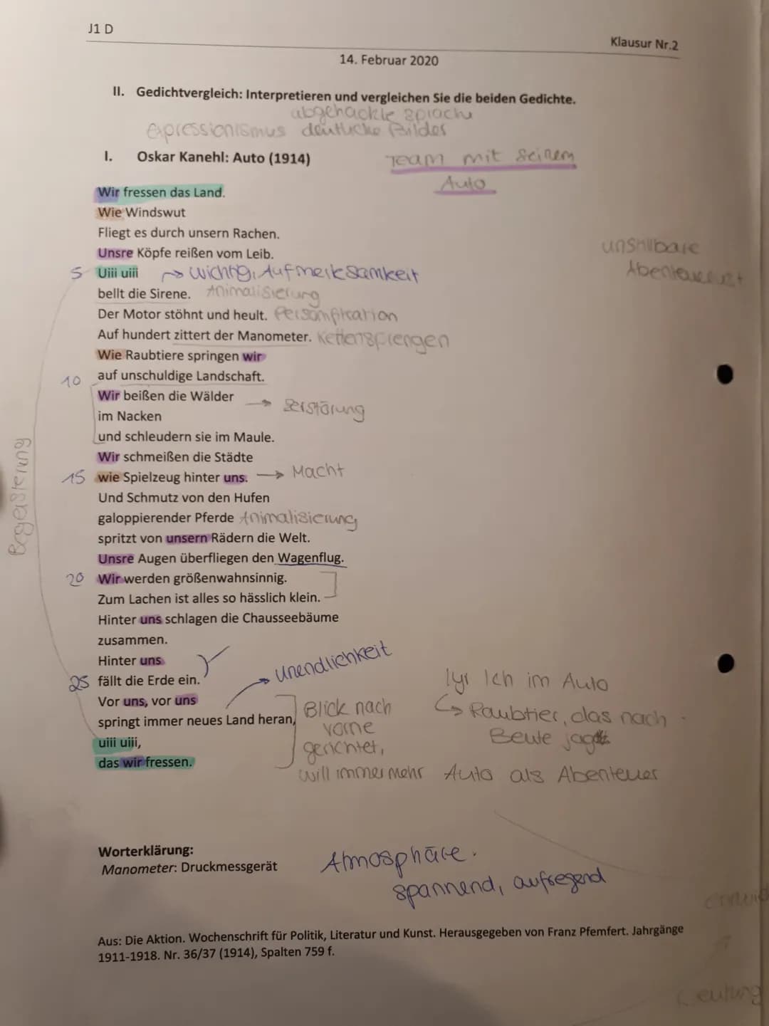 J1 D
14. Februar 2020
Klausur Nr.2
II. Gedichtvergleich: Interpretieren und vergleichen Sie die beiden Gedichte.
abgehackle sprach
expressio