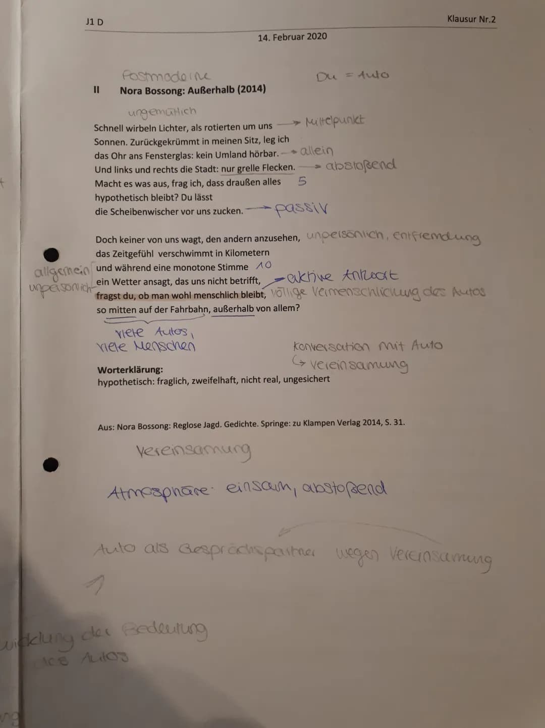 J1 D
14. Februar 2020
Klausur Nr.2
II. Gedichtvergleich: Interpretieren und vergleichen Sie die beiden Gedichte.
abgehackle sprach
expressio