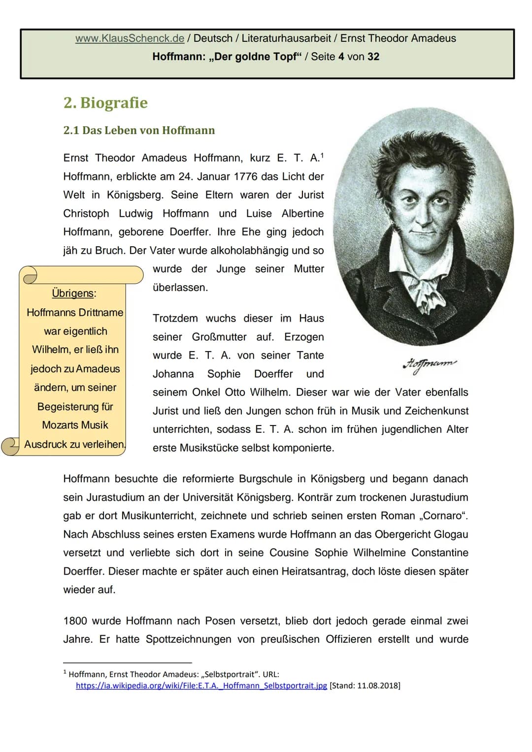 Ernst Theodor Amadeus
Hoffmann: Der goldne Topf
Literaturhausarbeit
Deutsch
Fachlehrer: OSR. Schenck
Hoffmann.
E.T.A. HOFFMANN 1776-182