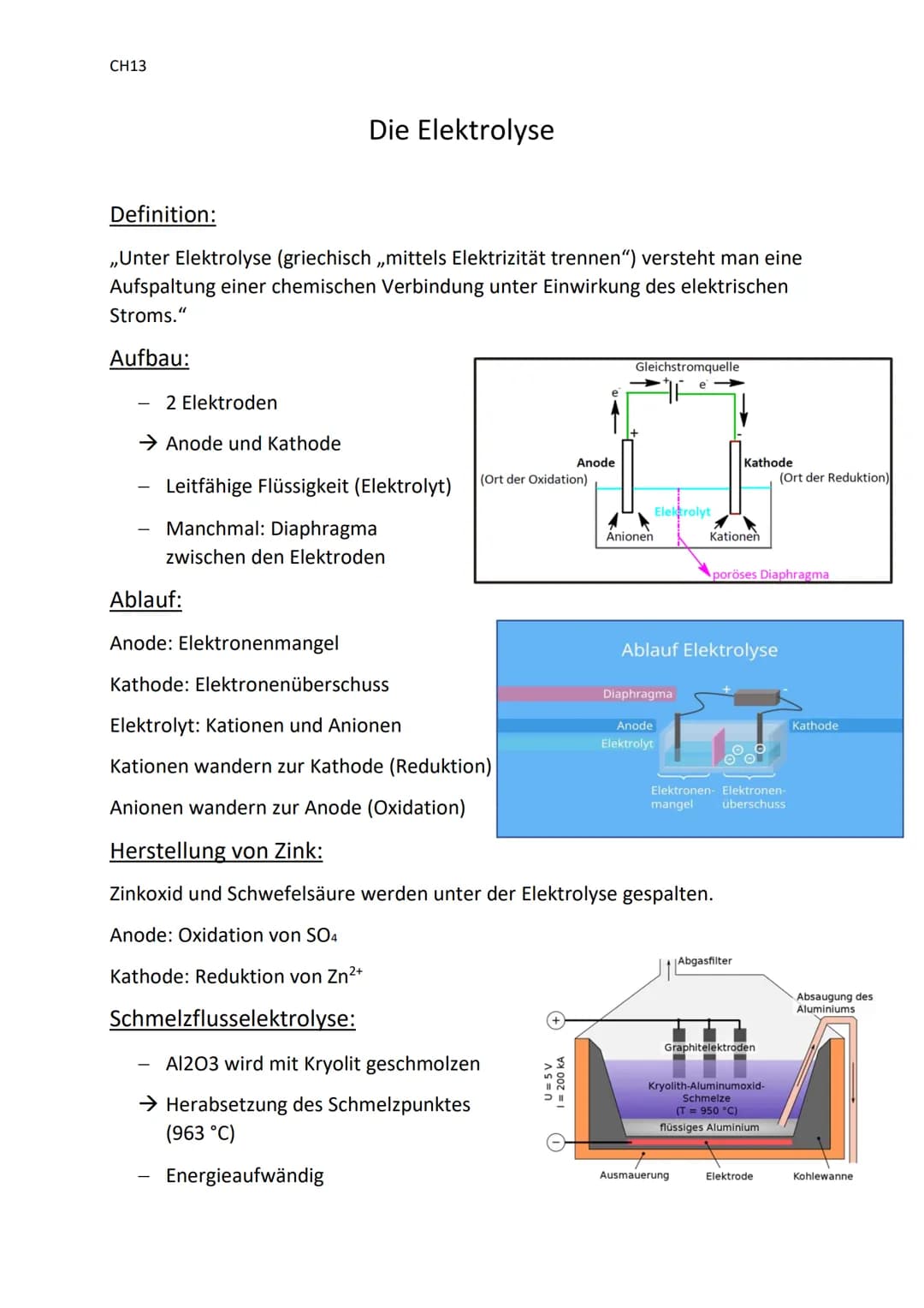 CH13
# Die Elektrolyse
## Definition:
„Unter Elektrolyse (griechisch mittels Elektrizität trennen") versteht man eine
Aufspaltung einer che