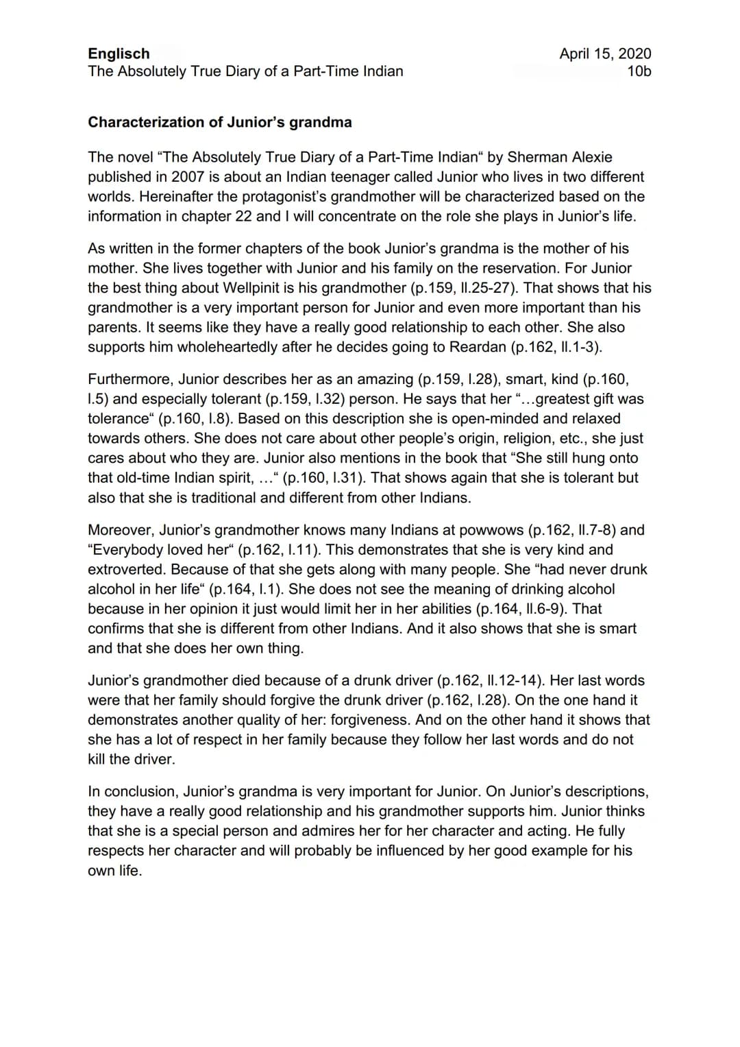 Englisch
The Absolutely True Diary of a Part-Time Indian
April 21, 2020
10b
### Book review
The novel "The Absolutely True Diary of a Part