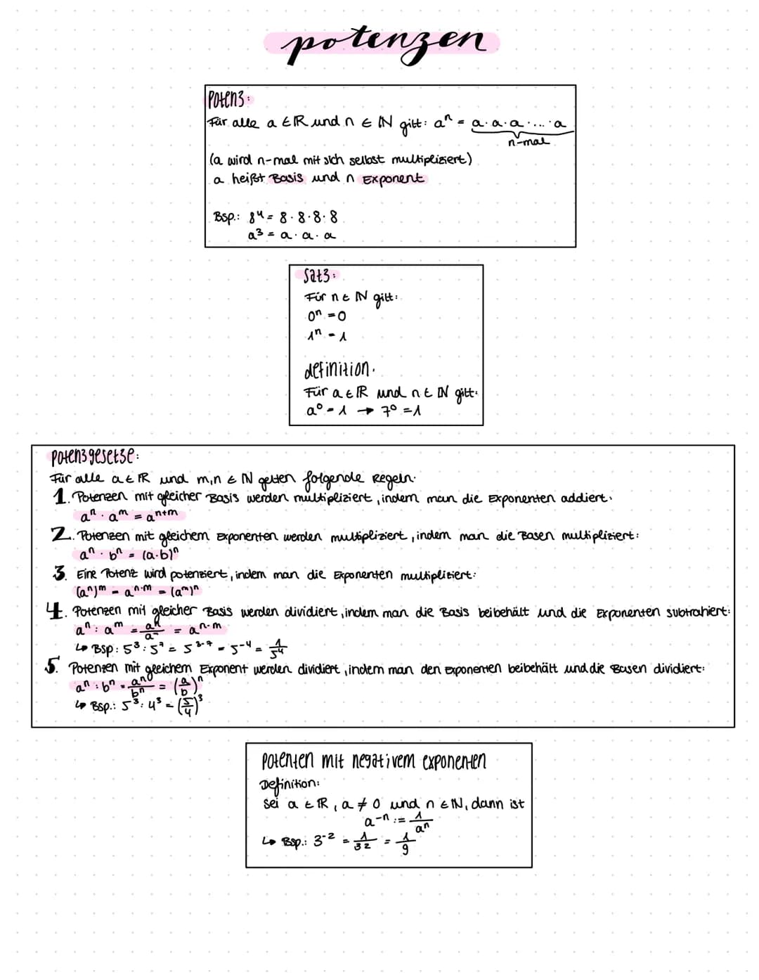 wurzeln & potenzen.
definition.
Seien $a \in \mathbb{R}$ mit $a \ge 0$ und $n,m \in \mathbb{N}_0$ mit $n > 0$ sowie $q \in \mathbb{Q}$
1. $