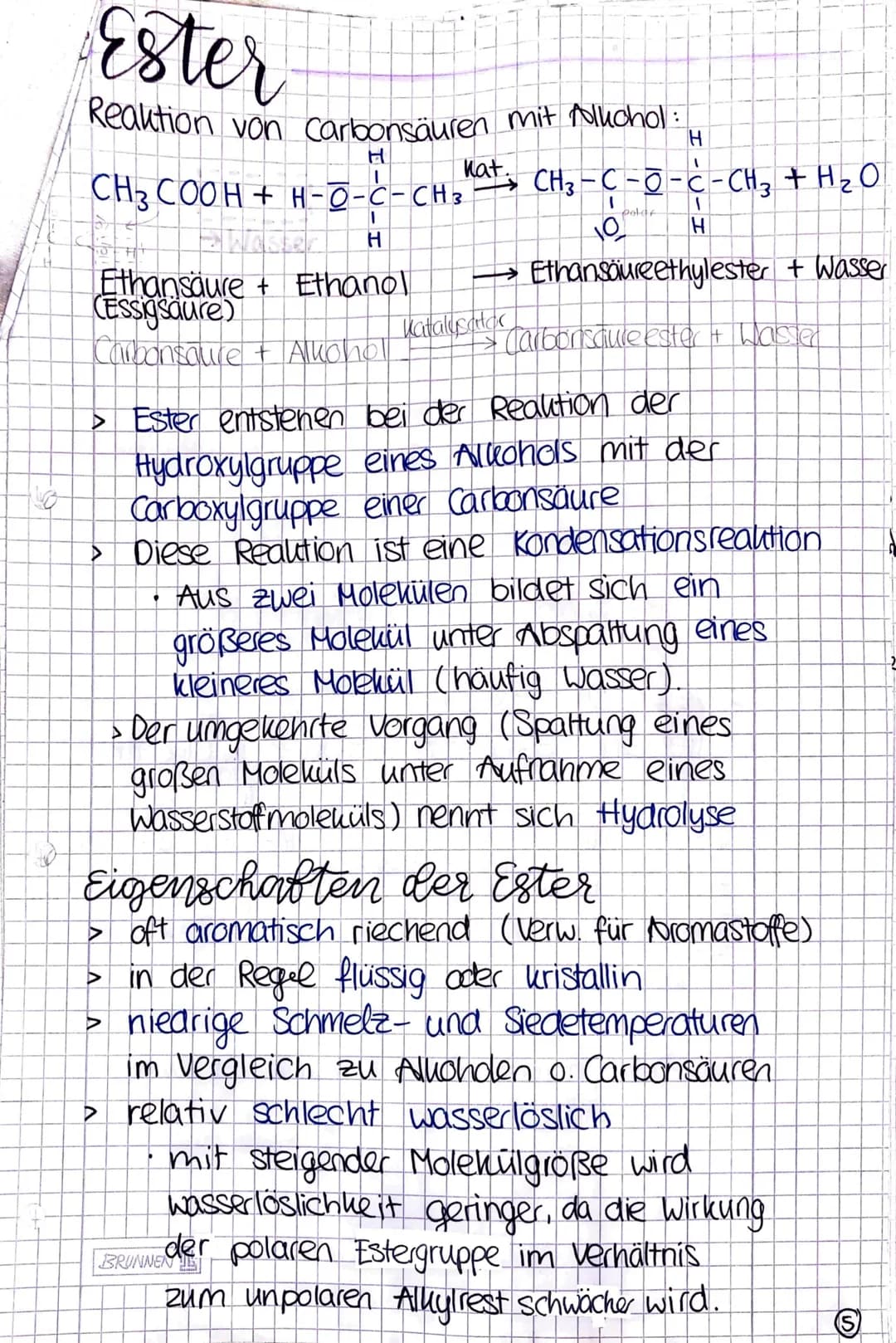 # Ester
Reaktion von Carbonsäuren mit Alkohol:
```
H
CH3COOH + H-O-C-CH3 Kat. CH3-C-O-C-CH3 + H2O
H ||