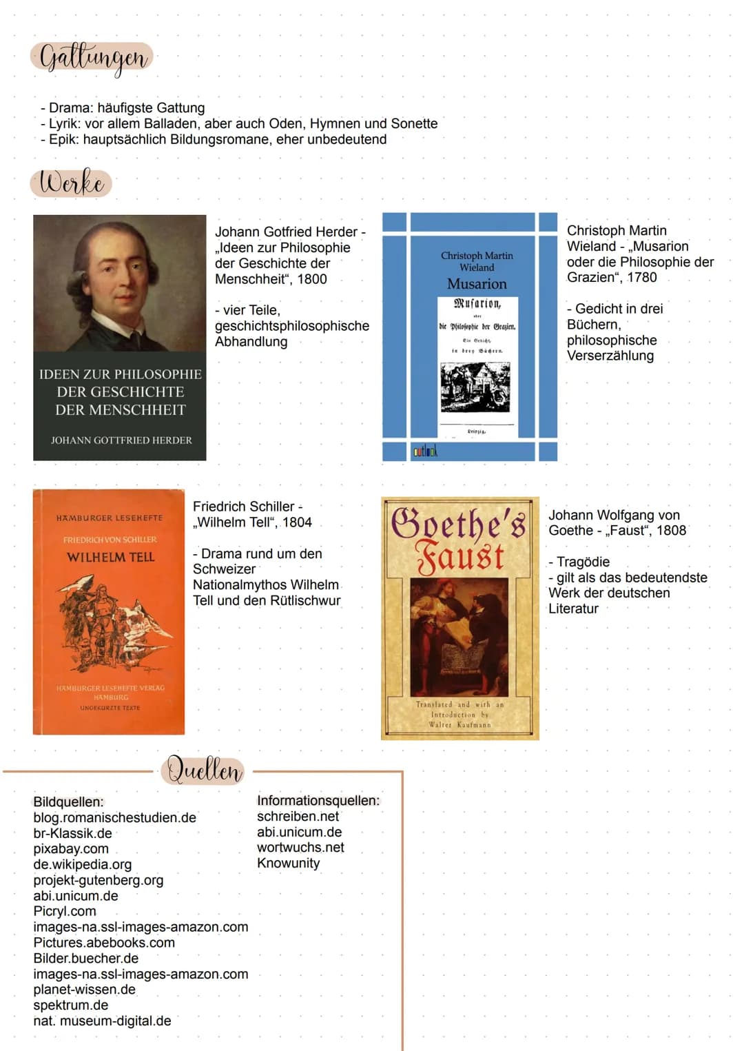 # Weimarer Klassik
## Definition
- 1786-1832 (Goethes erste Italienreise - Goethes Tod)
- Kulturraum Weimar und Jena
- Großer Einfluss des V
