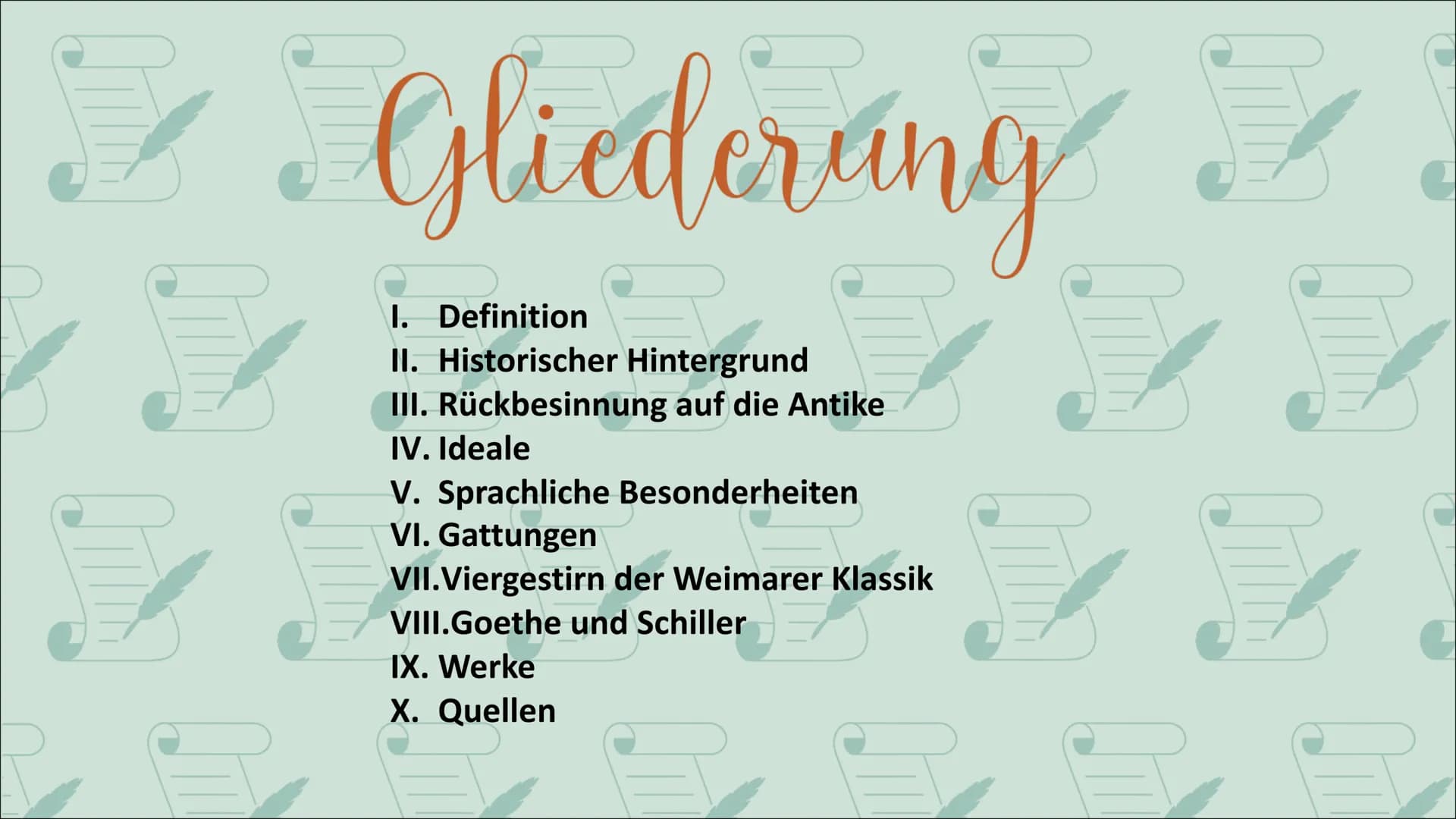 # Weimarer Klassik
## Definition
- 1786-1832 (Goethes erste Italienreise - Goethes Tod)
- Kulturraum Weimar und Jena
- Großer Einfluss des V