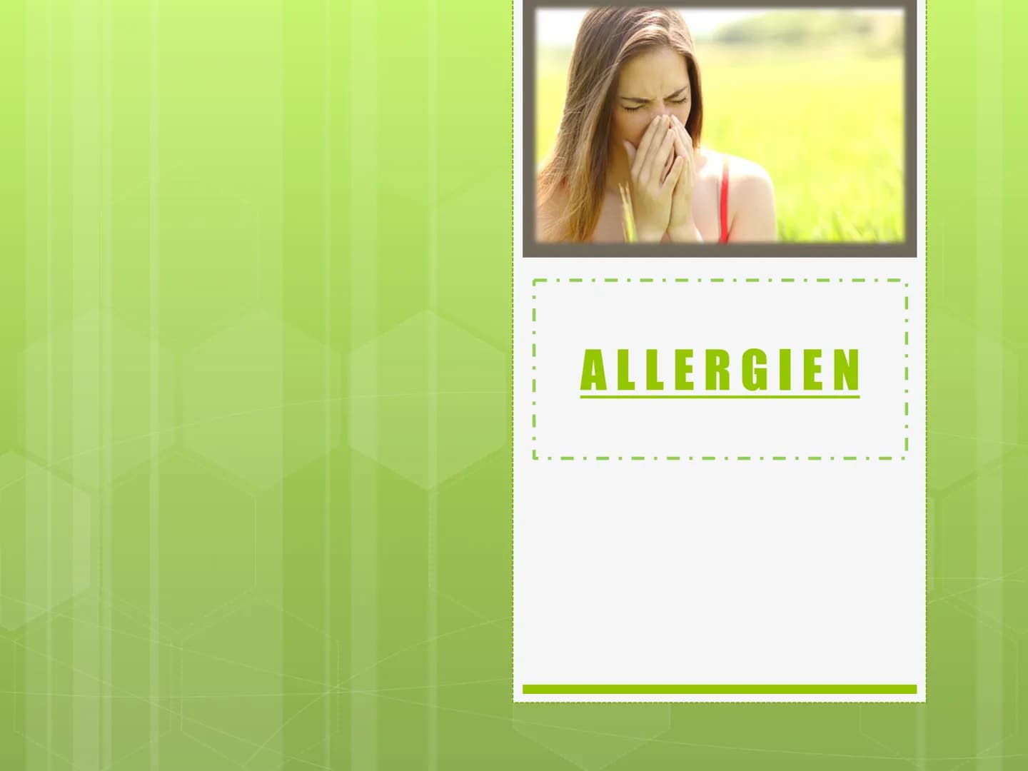 # Allergien
## 0. Statistik
* Robert Koch Institut
* Stand: April 2017
* Fast jeder 3. Deutsche$\rightarrow$ Allergie
* Allergische Symptom