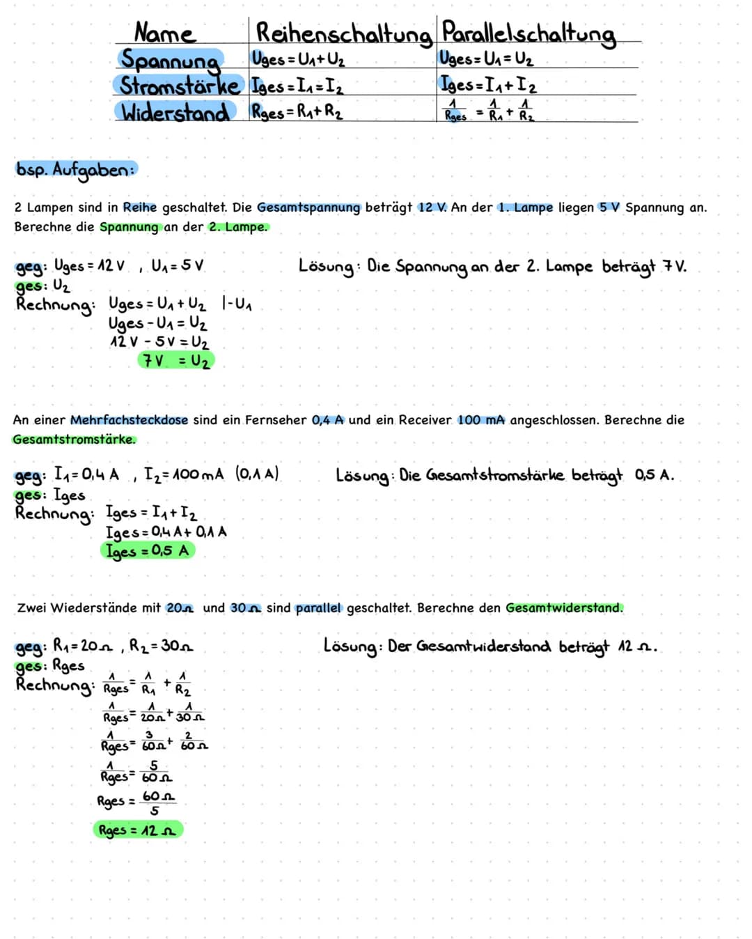 # Lernblatt
| | Formel |
| :-------------------------- | :------------------ |
| Stromstärke (Ampère) berechnen | $I = \frac{U}{R}$ |
| Wid
