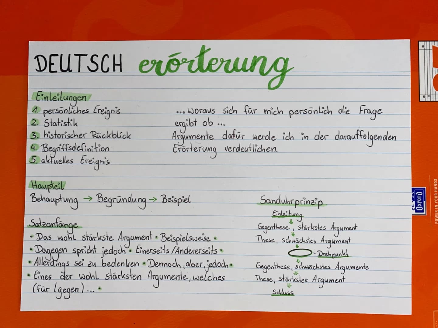 # DEUTSCH erörterung
## Einleitungen
1. persönliches Ereignis
2. Statistik
3. historischer Rückblick
4. Begriffsdefinition
5. aktuelles Ere