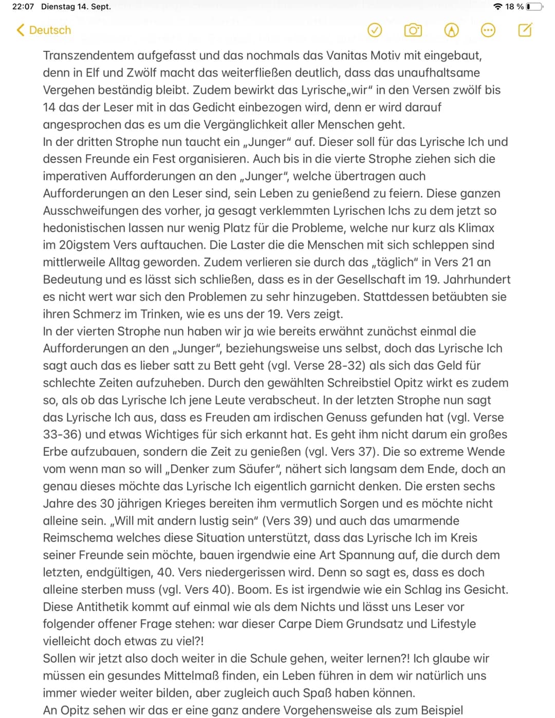 22:07 Dienstag 14. Sept.
< Deutsch
# Gedichtsanalyse
Carpe Diem (1826) Martin Opitz, von Hanna Krein
Lebensbejahung, Ausschweifung, Genus