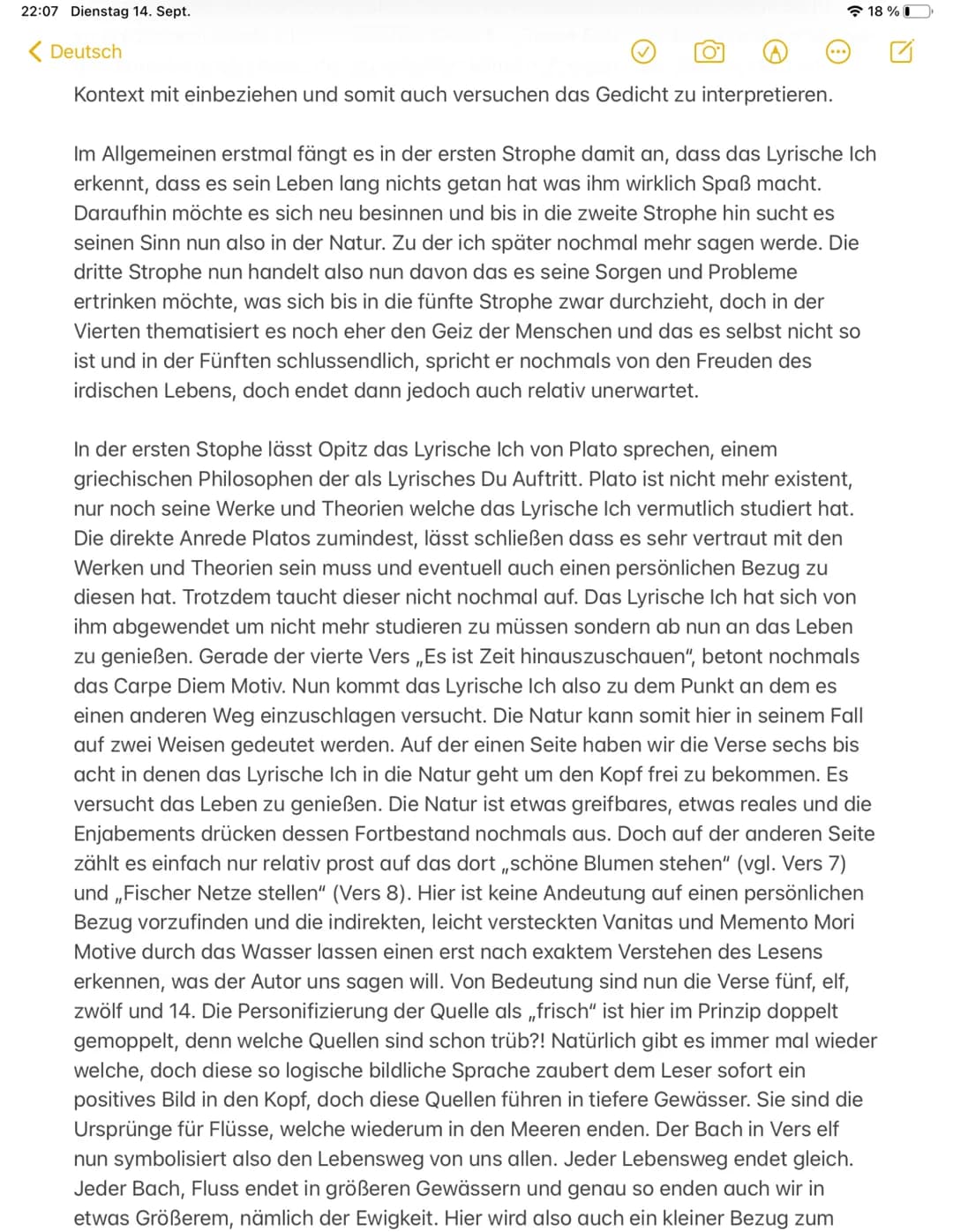 22:07 Dienstag 14. Sept.
< Deutsch
# Gedichtsanalyse
Carpe Diem (1826) Martin Opitz, von Hanna Krein
Lebensbejahung, Ausschweifung, Genus