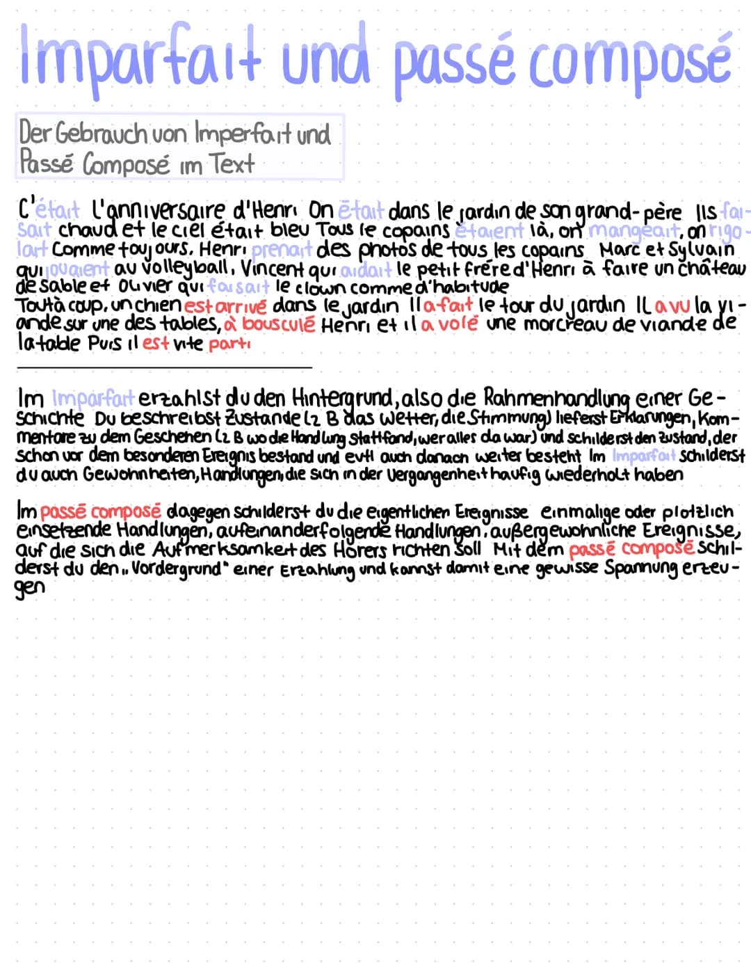 # Imparfait und passé composé
## Der Gebrauch von Imperfart und Passé Composé im Text
C'était l'anniversaire d'Henri On était dans le jardin