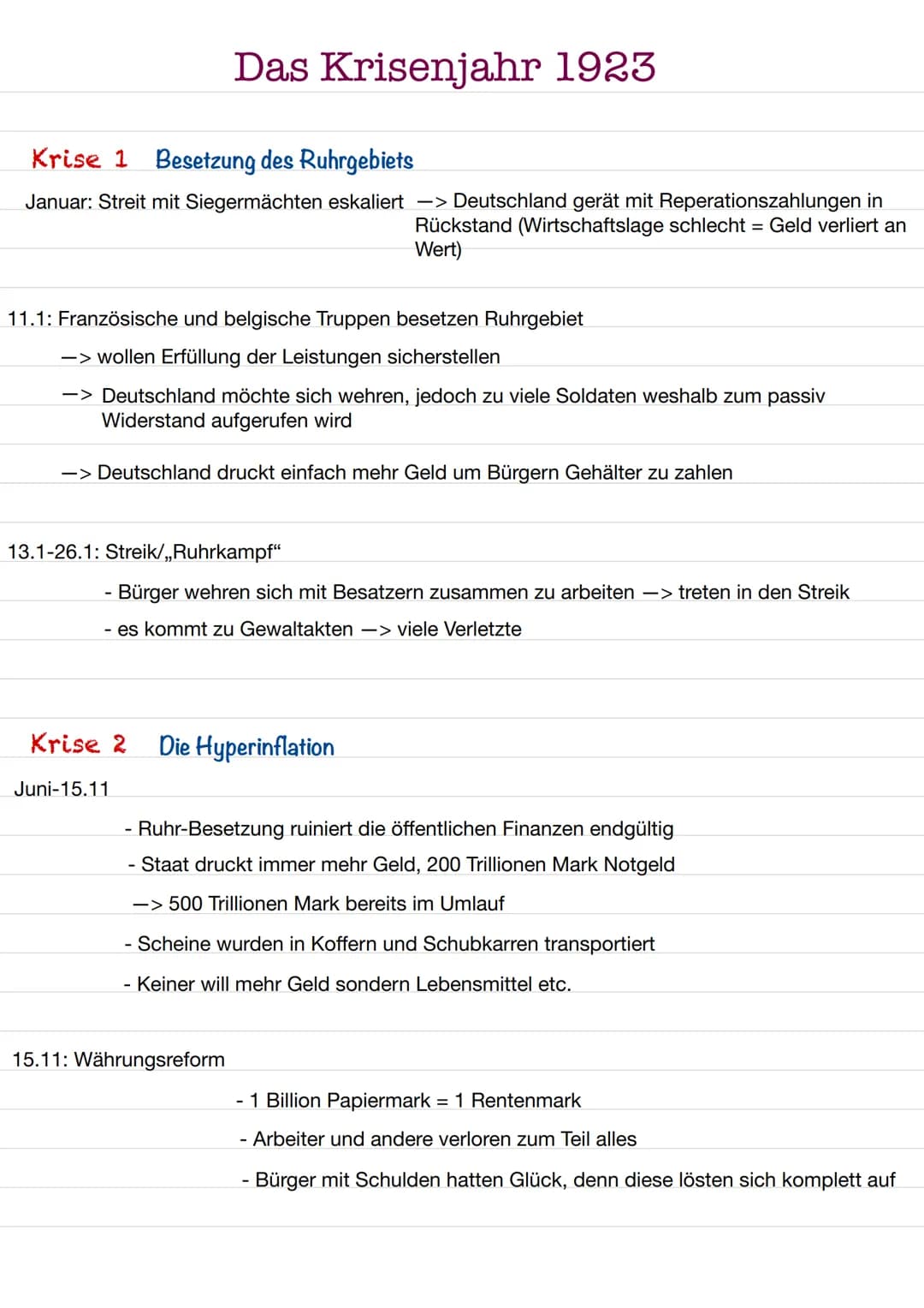 # Das Krisenjahr 1923
## Krise 1 Besetzung des Ruhrgebiets
Januar: Streit mit Siegermächten eskaliert
- Deutschland gerät mit Reperationsz