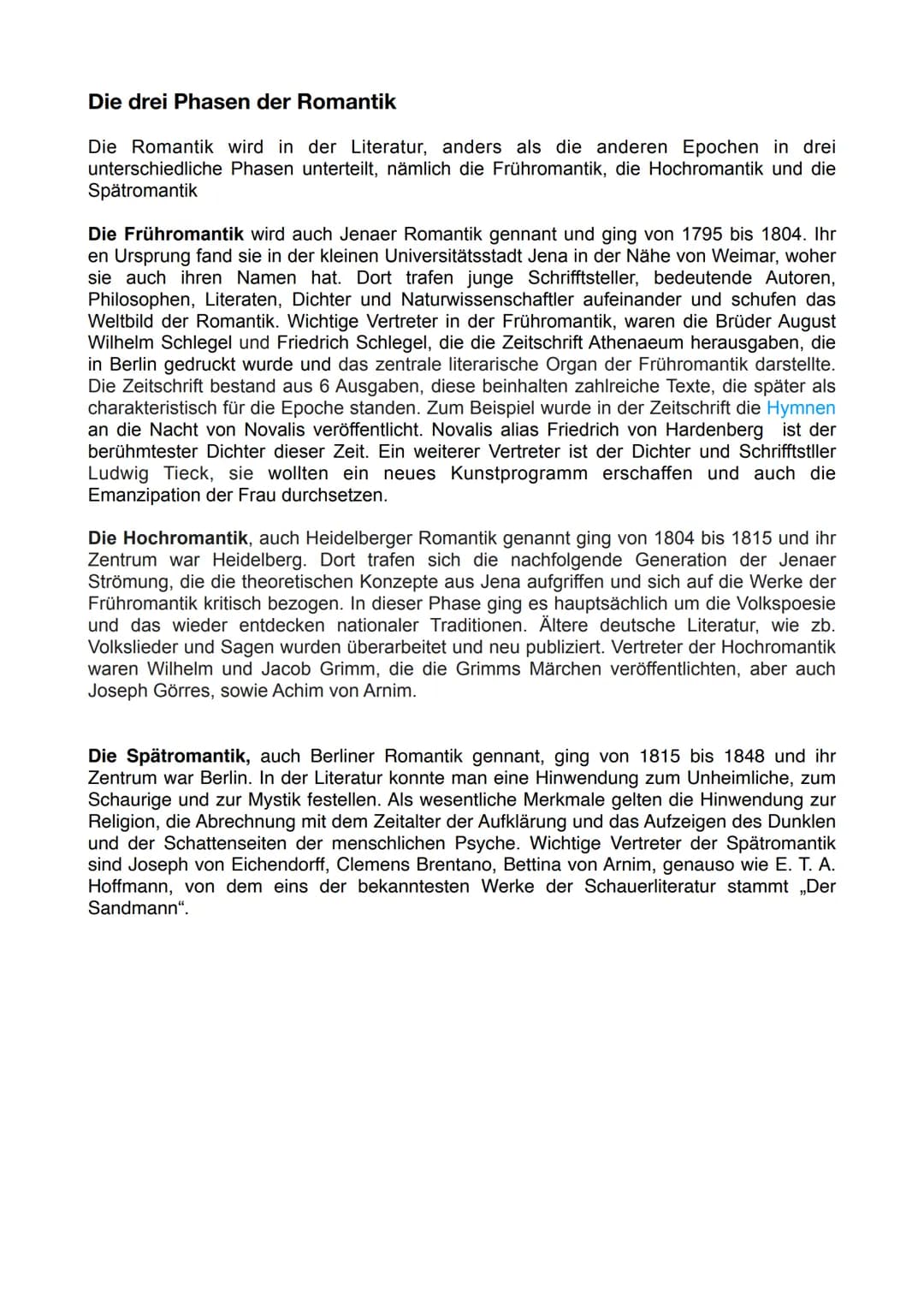 # Romantik
# Gliederung
Allgemeines zur Literaturepoche Romantik 2
Begriff 3
Geschichtlicher Hintergrund 3
Merkmale und Symbole der Romant