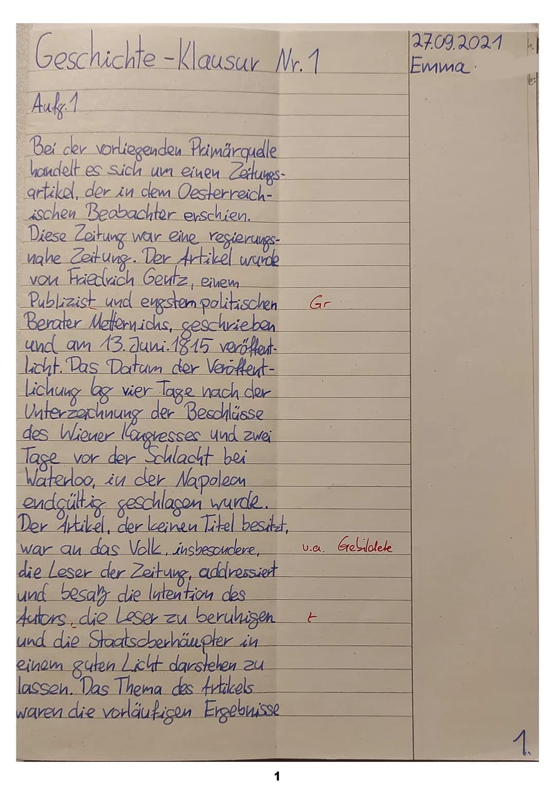 # Geschichte-Klausur Nr. 1
## Aufg. 1
Bei der vorliegenden Primärquelle
handelt es sich um einen Zeitungs-
artikel, der in dem Oesterreich-