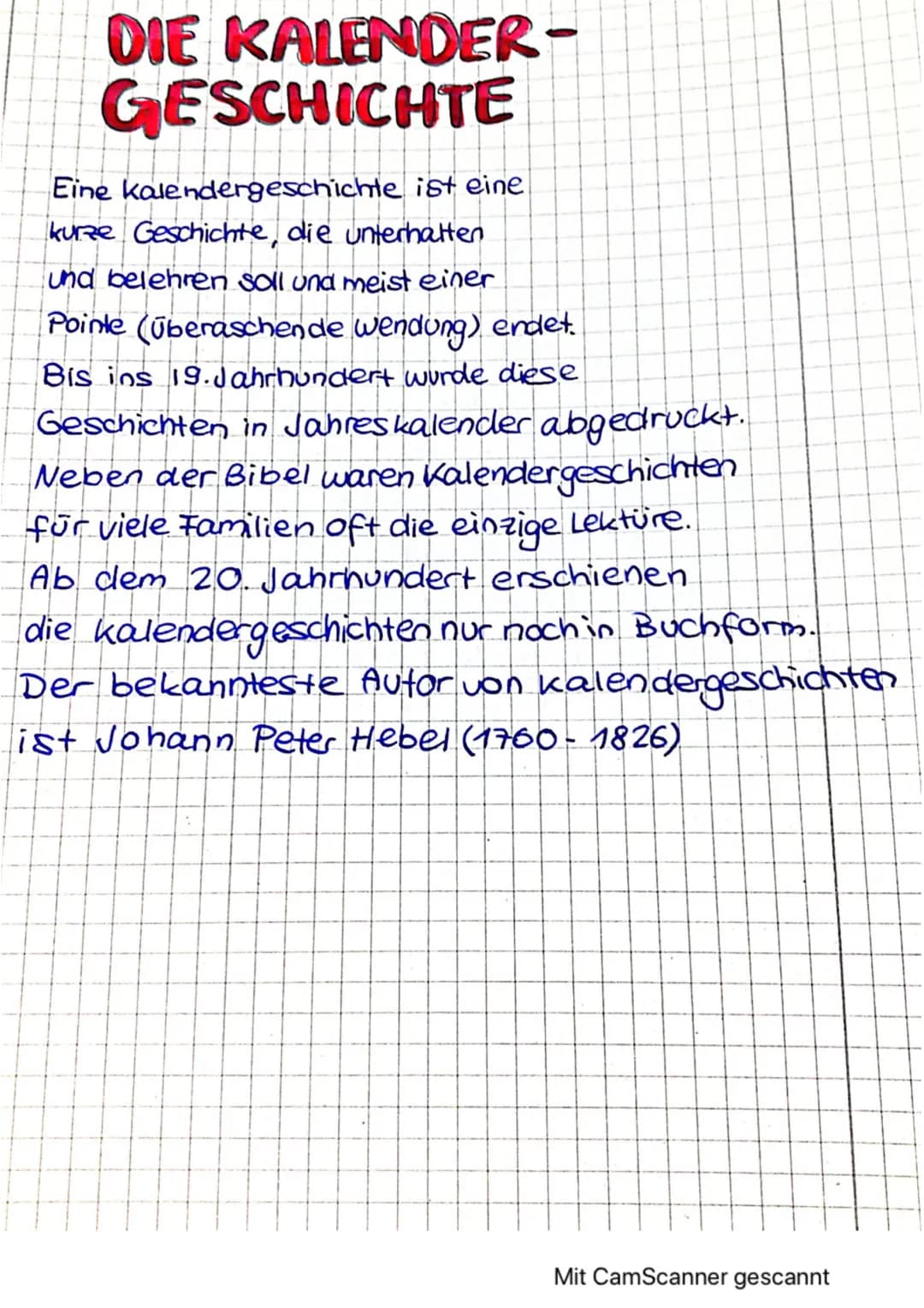 # KalenderGESCHICHTEN
## MERKMALE:
- belehrend
- Unterhansam
- kurz und pointiert
- erzählende Texte
### Vergleich
| Anekdote