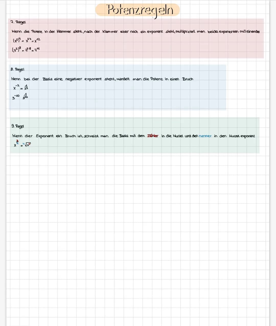 # Potenzregeln
## Allgemein:
n- potenz (bellebige zahl)
Basis (beliebige zahu.
### 1. Regel
eine zahl (x) hoch O ist immer 1
$x^0=1, 2^0=1