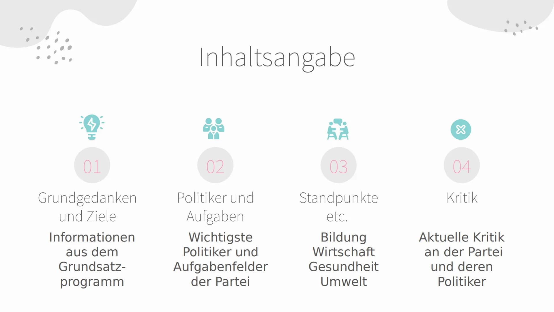 CDU
und
CSU
Parteienportrait # Inhaltsangabe
## 01
Grundgedanken
und Ziele
Informationen
aus dem
Grundsatz-
programm
## 02
Politiker und
A