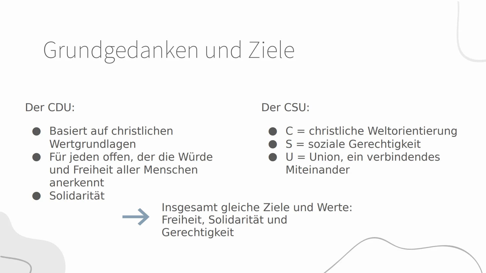 CDU
und
CSU
Parteienportrait # Inhaltsangabe
## 01
Grundgedanken
und Ziele
Informationen
aus dem
Grundsatz-
programm
## 02
Politiker und
A