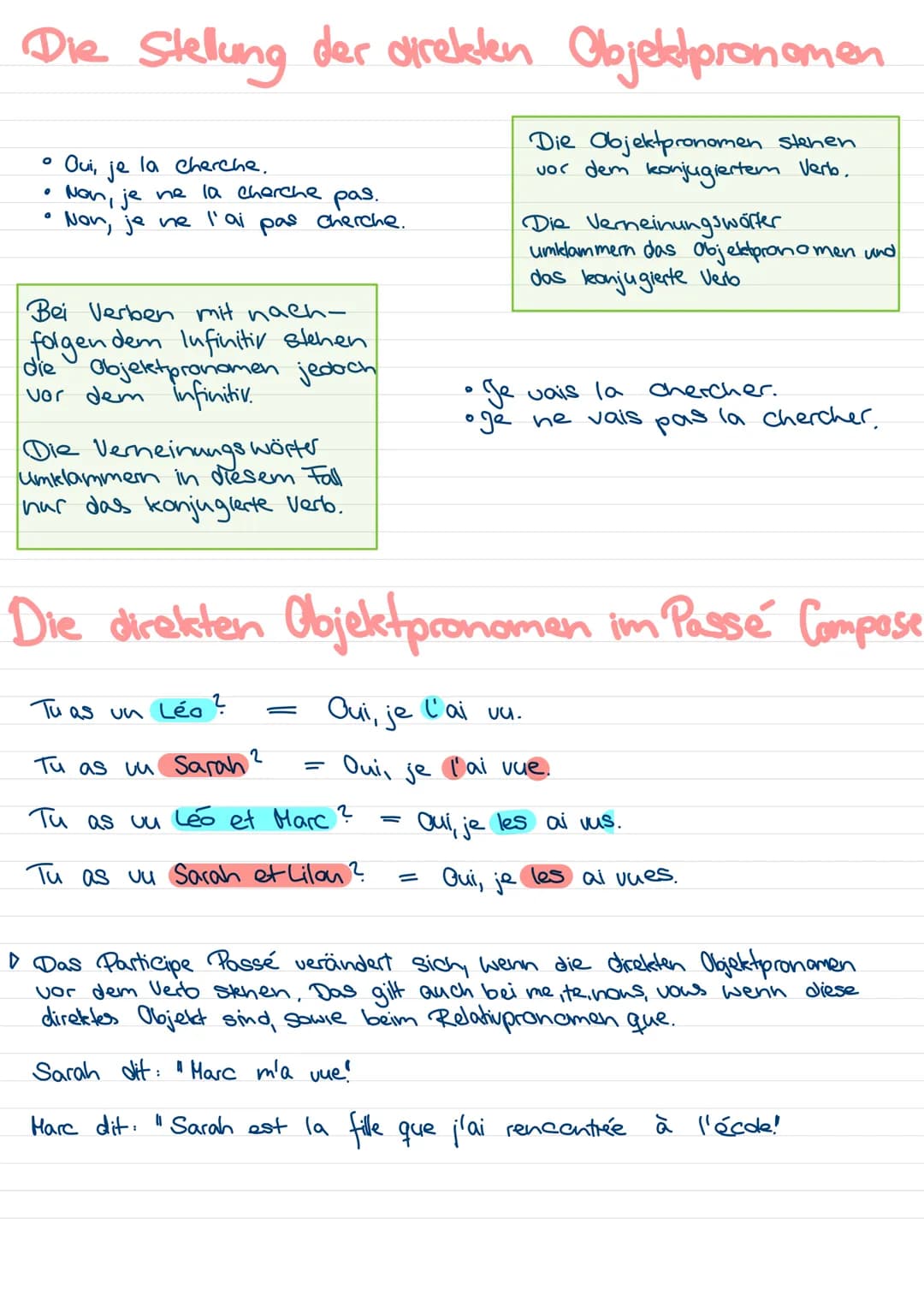 # Die direkten Objektpronomen
le, la, les
| direktes Objekt (Wen) | indirektes Objekt (wem) |
|---|---|
| regarder qn | raconter qc à qn |