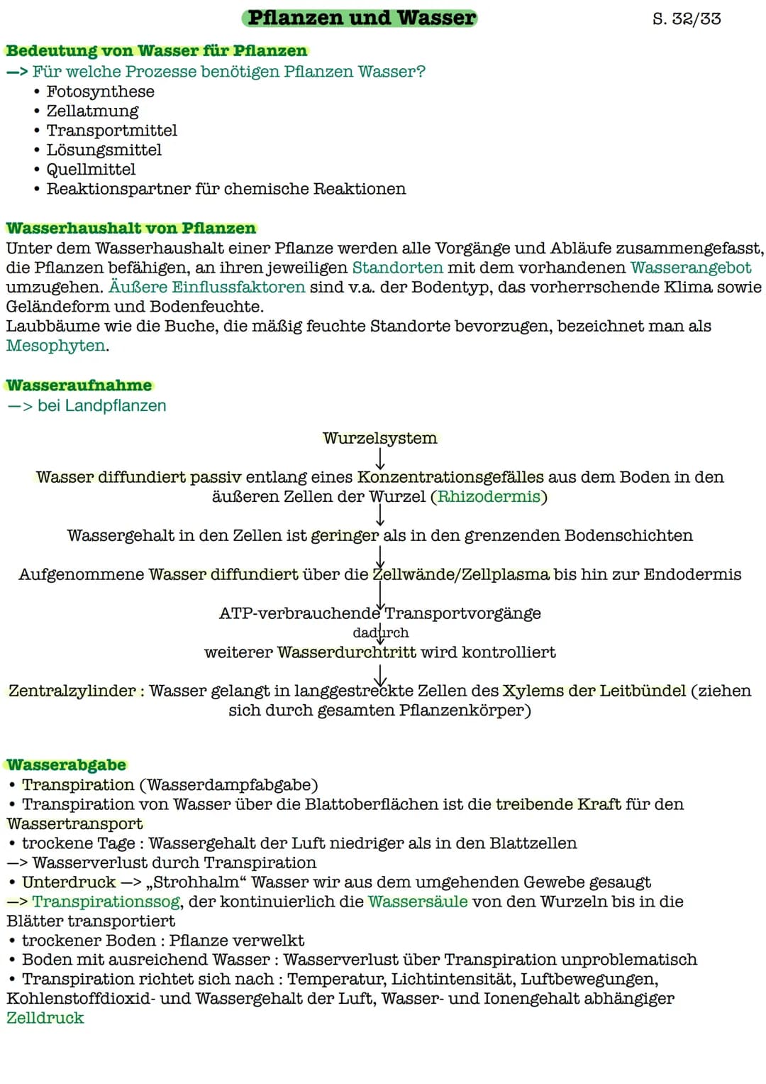 | | Hydrophyten | Hygrophyten | Xerophyten | # Pflanzen und Wasser
S. 32/33
## Bedeutung von Wasser für Pflanzen
-> Für welche Prozesse benö