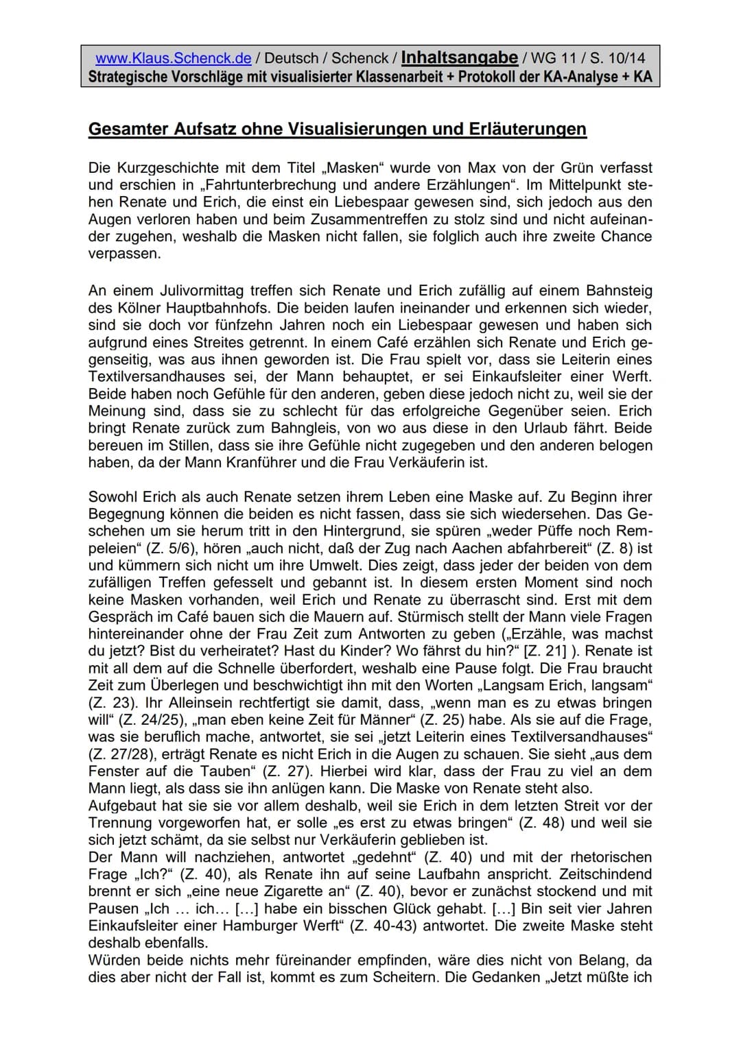 www.Klaus.Schenck.de / Deutsch / Schenck / Inhaltsangabe/WG 11/S. 1/14
Strategische Vorschläge mit visualisierter Klassenarbeit + Protokoll