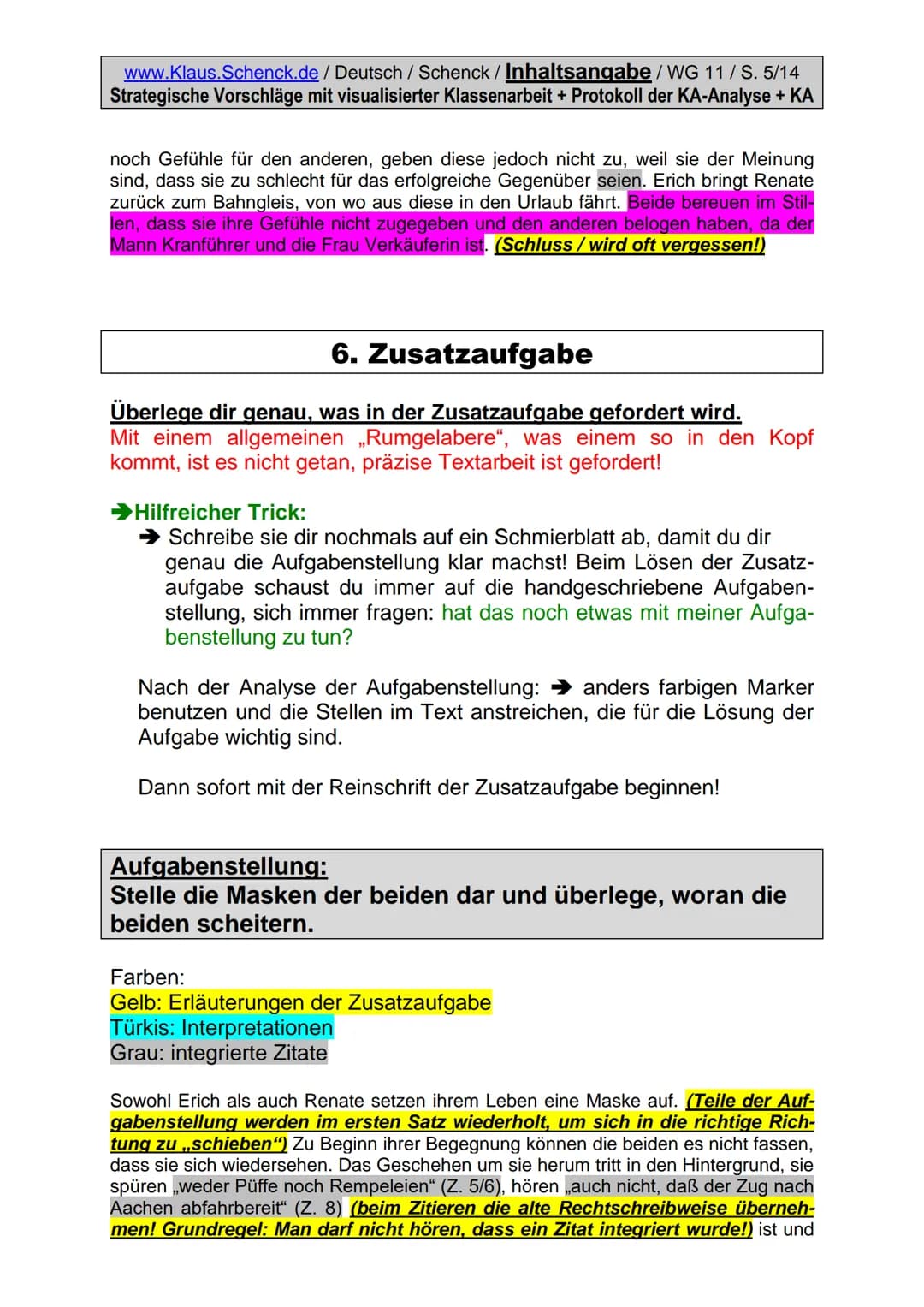 www.Klaus.Schenck.de / Deutsch / Schenck / Inhaltsangabe/WG 11/S. 1/14
Strategische Vorschläge mit visualisierter Klassenarbeit + Protokoll