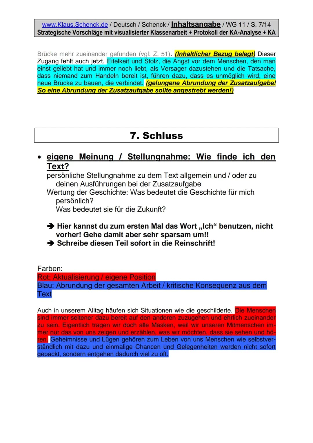 www.Klaus.Schenck.de / Deutsch / Schenck / Inhaltsangabe/WG 11/S. 1/14
Strategische Vorschläge mit visualisierter Klassenarbeit + Protokoll
