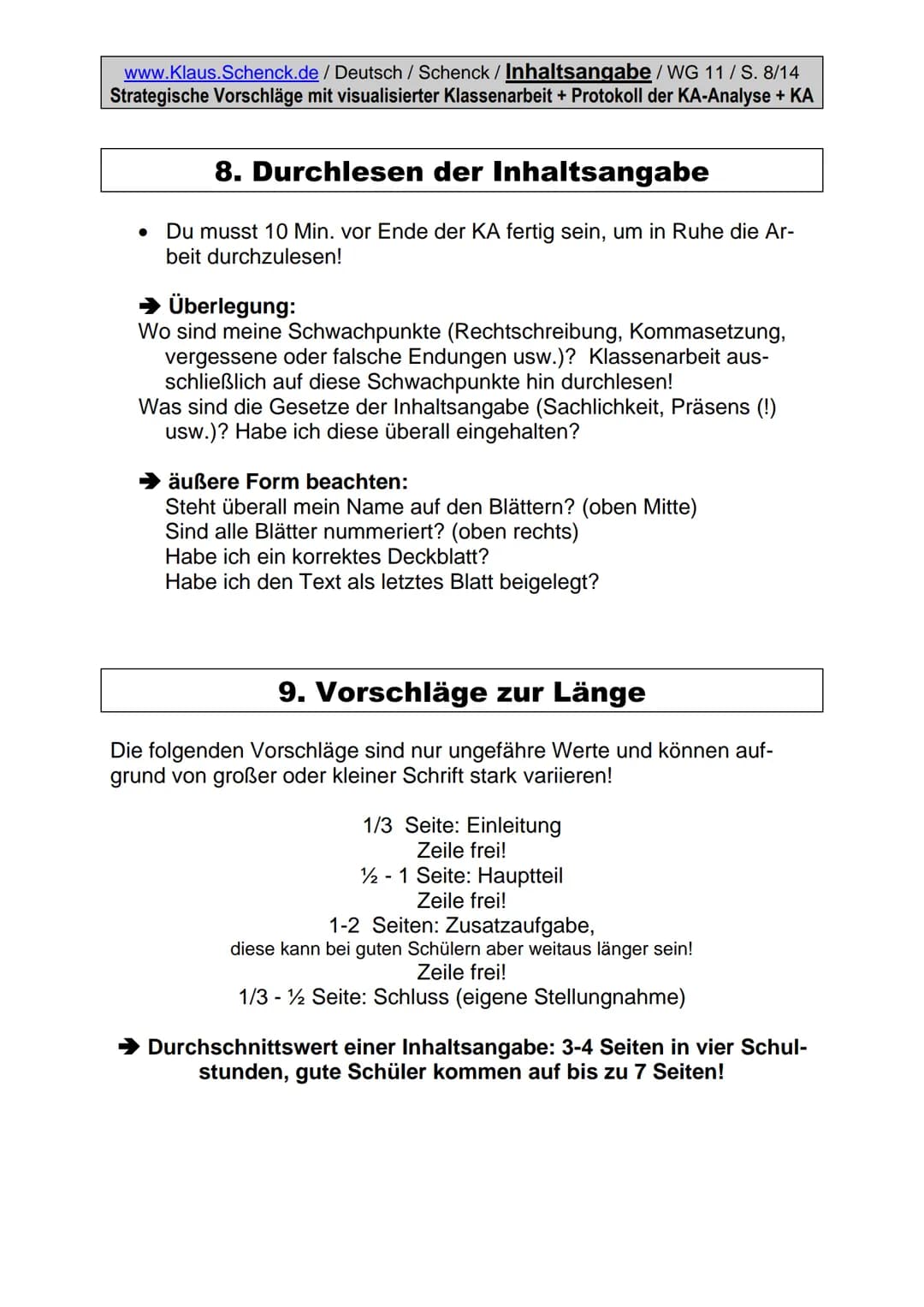 www.Klaus.Schenck.de / Deutsch / Schenck / Inhaltsangabe/WG 11/S. 1/14
Strategische Vorschläge mit visualisierter Klassenarbeit + Protokoll