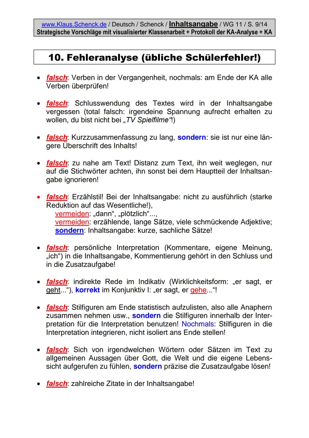 www.Klaus.Schenck.de / Deutsch / Schenck / Inhaltsangabe/WG 11/S. 1/14
Strategische Vorschläge mit visualisierter Klassenarbeit + Protokoll