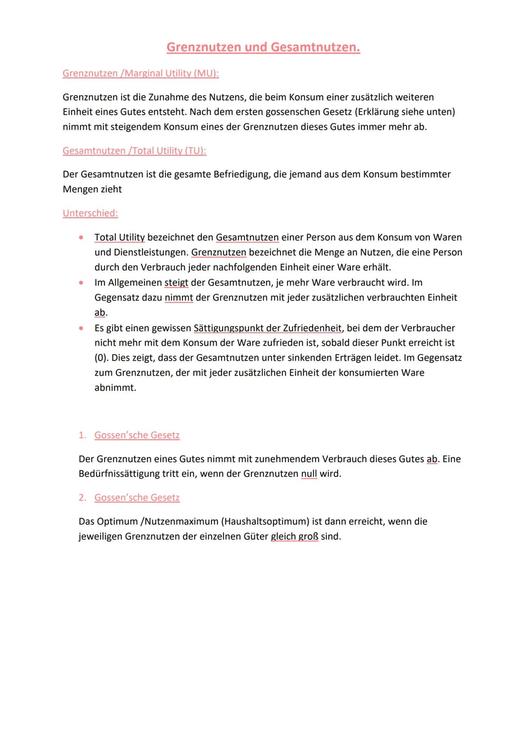 # Grenznutzen und Gesamtnutzen.
## Grenznutzen/Marginal Utility (MU):
Grenznutzen ist die Zunahme des Nutzens, die beim Konsum einer zusätz