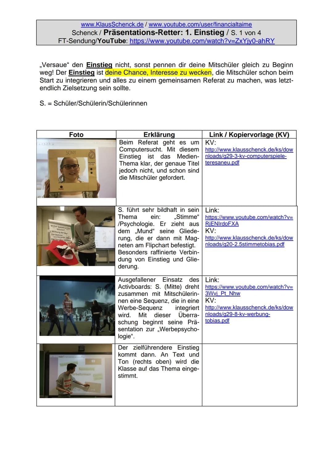www.KlausSchenck.de/www.youtube.com/user/financialtaime
Schenck / Präsentations-Retter: 1. Einstieg / S. 1 von 4
FT-Sendung/YouTube: https:/