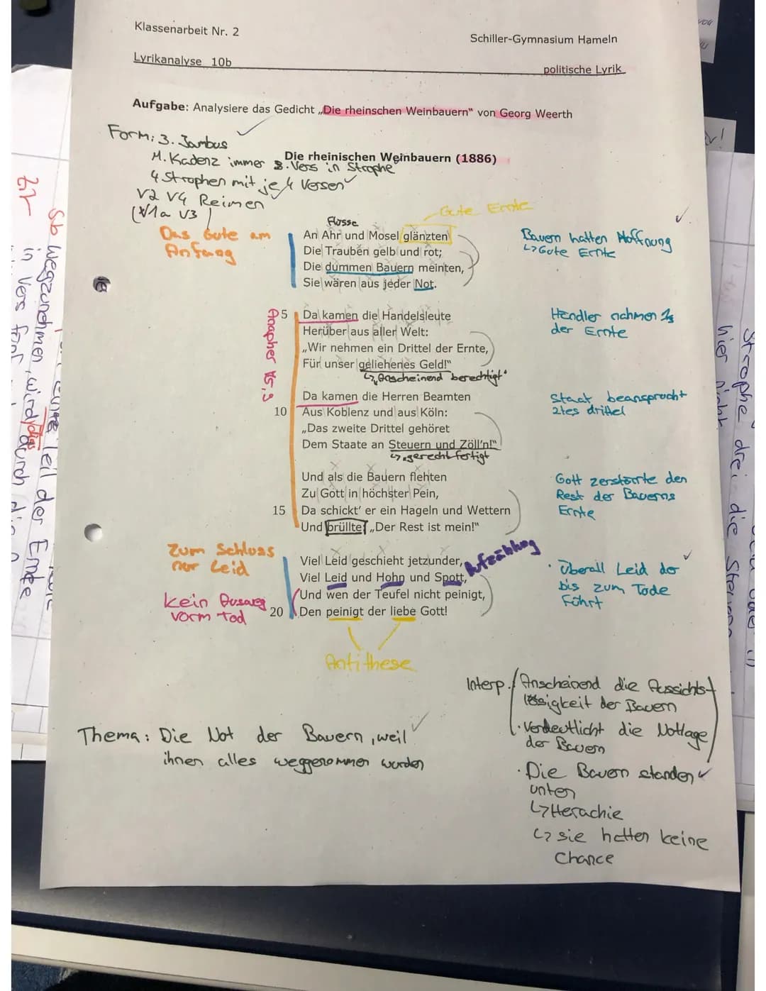 Klassenarbeit Nr. 2
Lyrikanalyse 10b
Schiller-Gymnasium Hameln
politische Lyrik
Aufgabe: Analysiere das Gedicht „Die rheinschen Weinbauern"