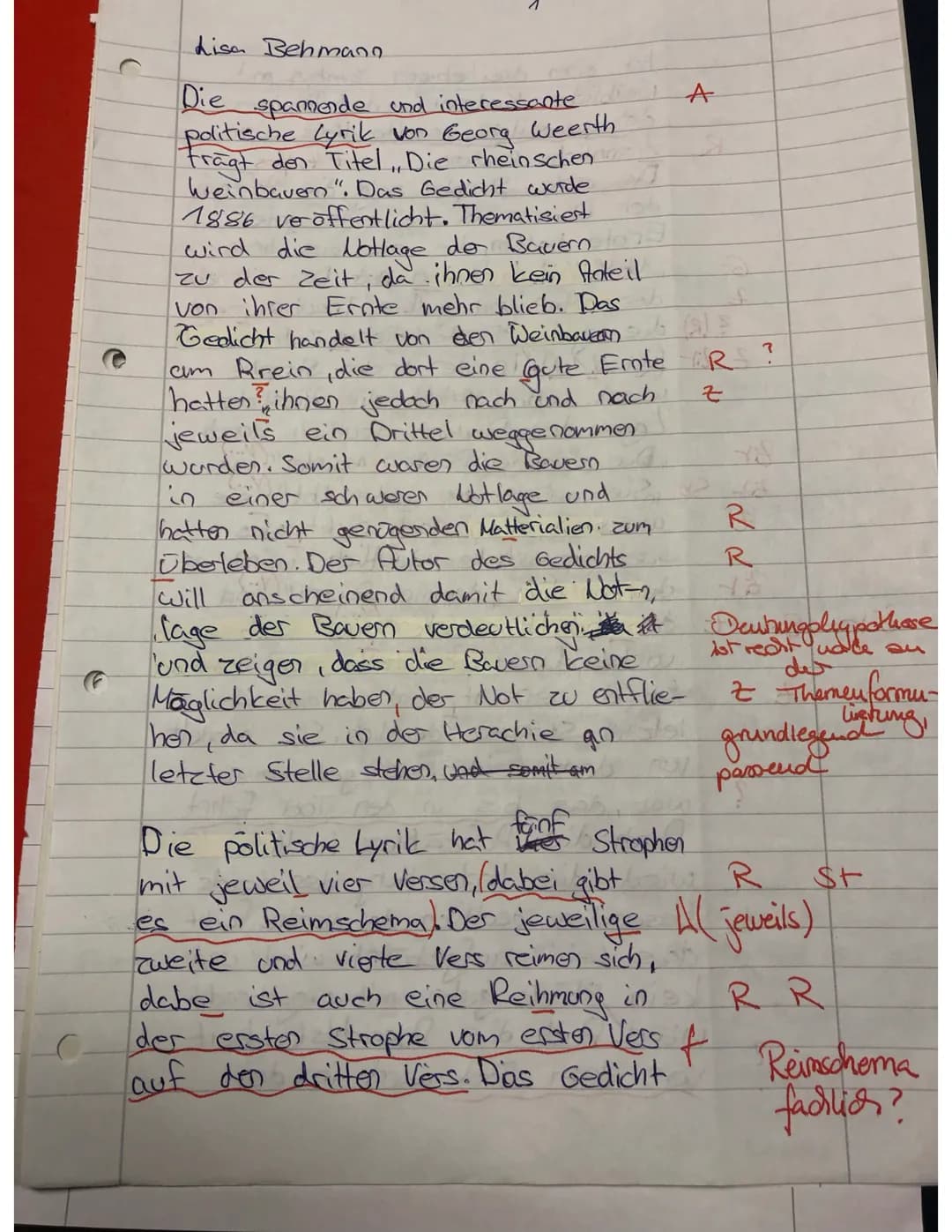 Klassenarbeit Nr. 2
Lyrikanalyse 10b
Schiller-Gymnasium Hameln
politische Lyrik
Aufgabe: Analysiere das Gedicht „Die rheinschen Weinbauern"