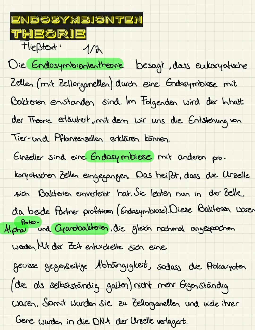 # ENDOSYMBIONTEN THEORIE Notizen
## Verlauf:
1. (Endozytose)
Urzelle verleibt sich prokaryotische Zellen ein, da beide Partner profitie